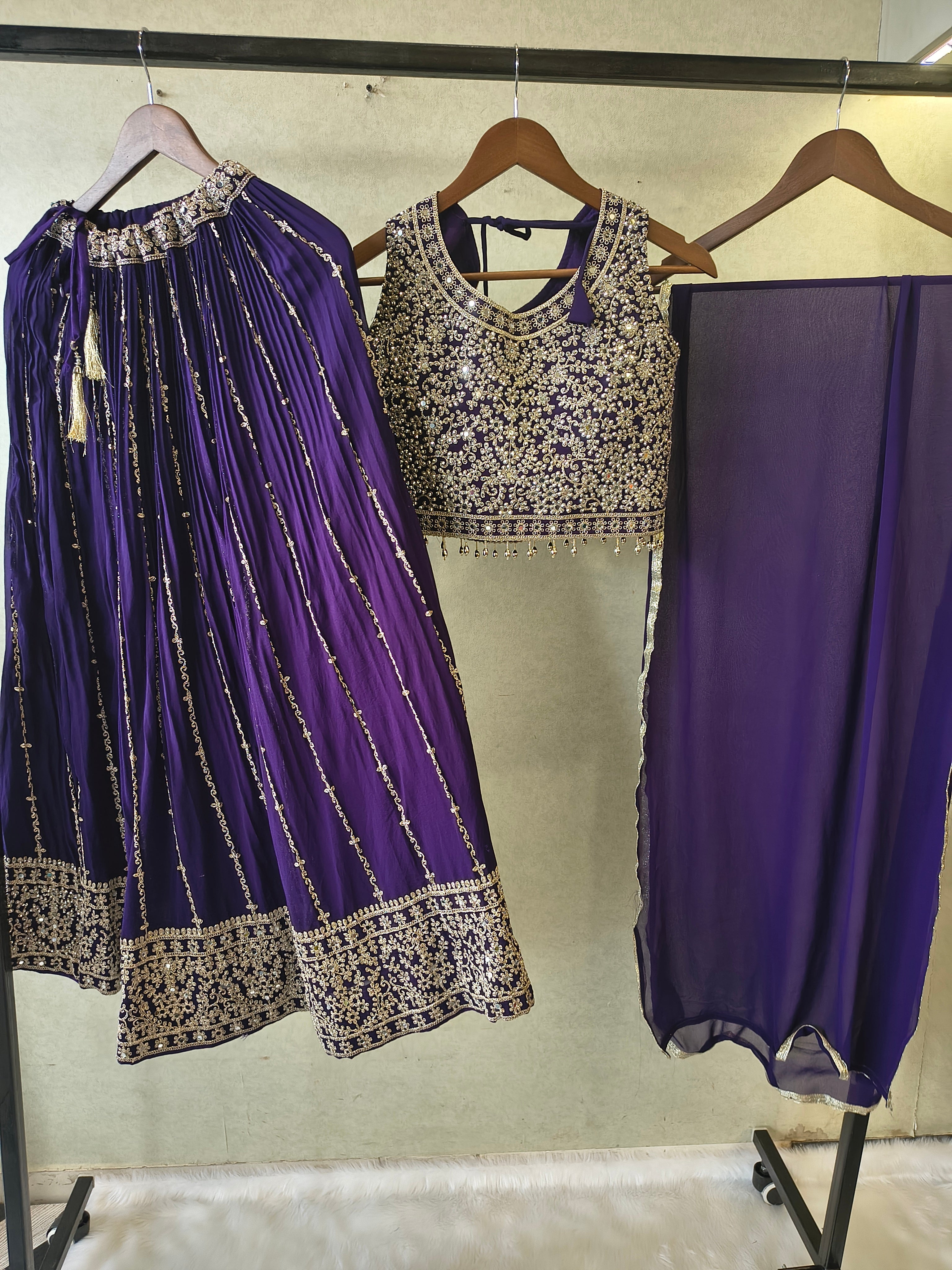Image of Royal Purple Heavy Embroidered Designer Lehenga Set with Statement Blouse & Chiffon Dupatta | Premium Wedding Collection
