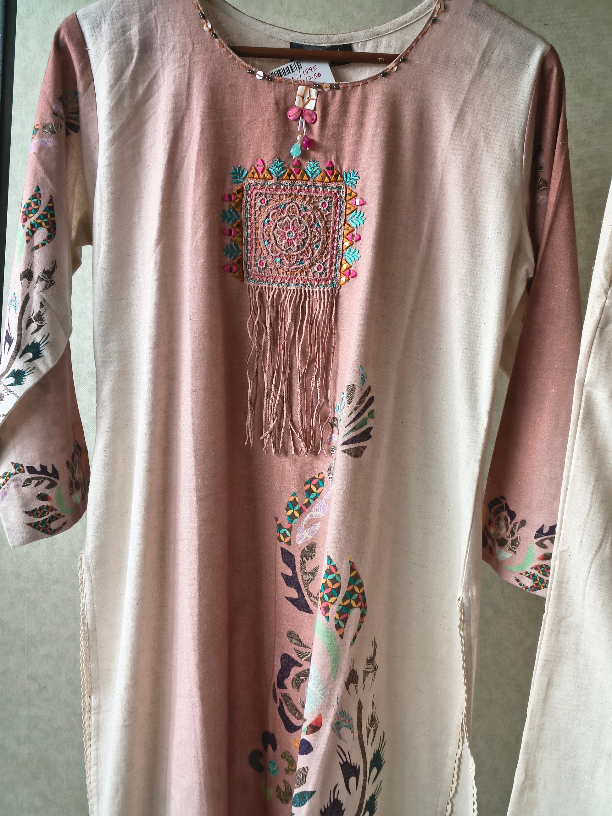 Premium Blush Pink Linen Blend Kurta Set with Handcrafted Embroidered Tassel Patch & Embroidered Pants