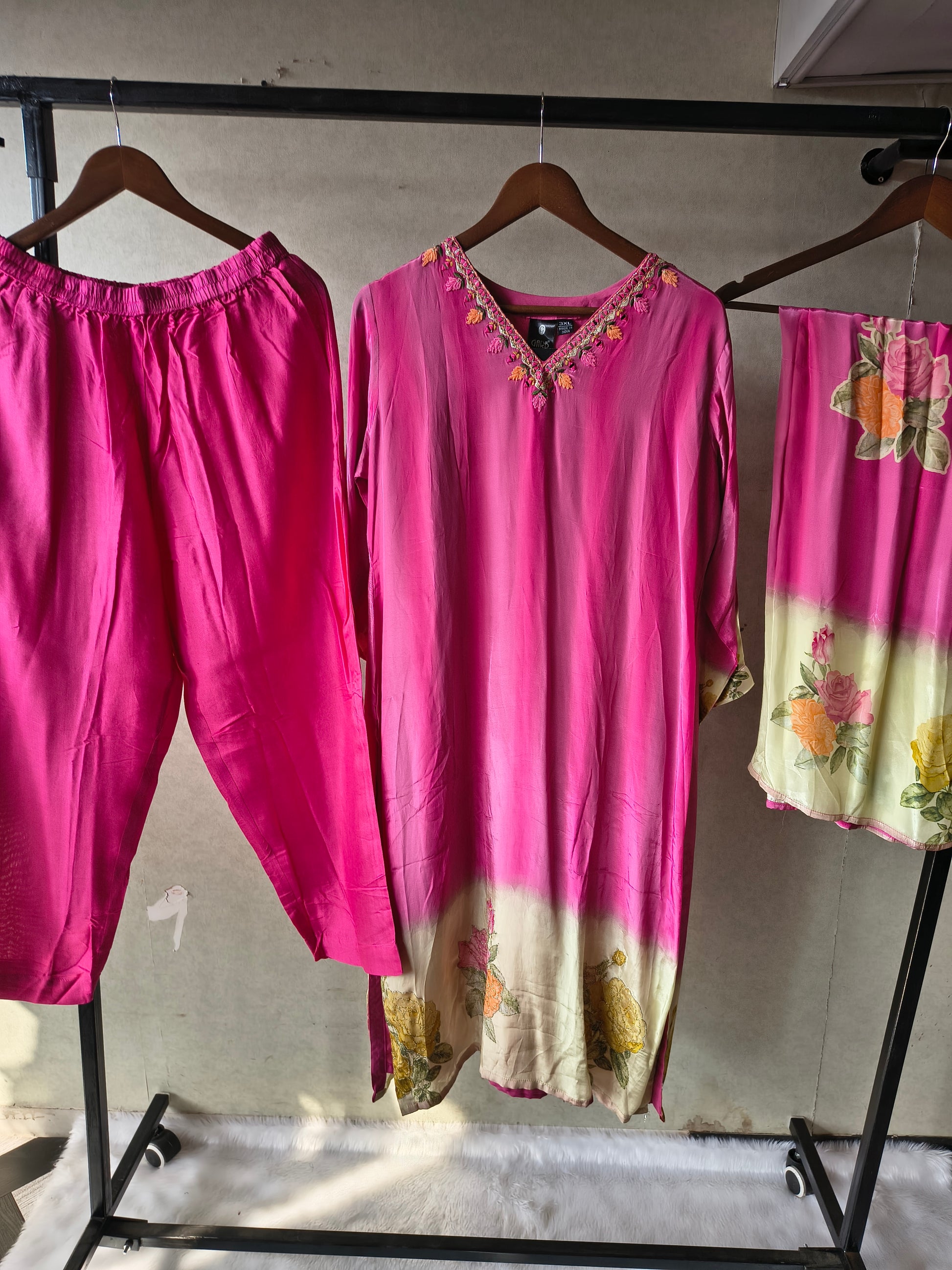 Premium Fuchsia Pink Floral Embroidered Kurta Set with Printed Dupatta