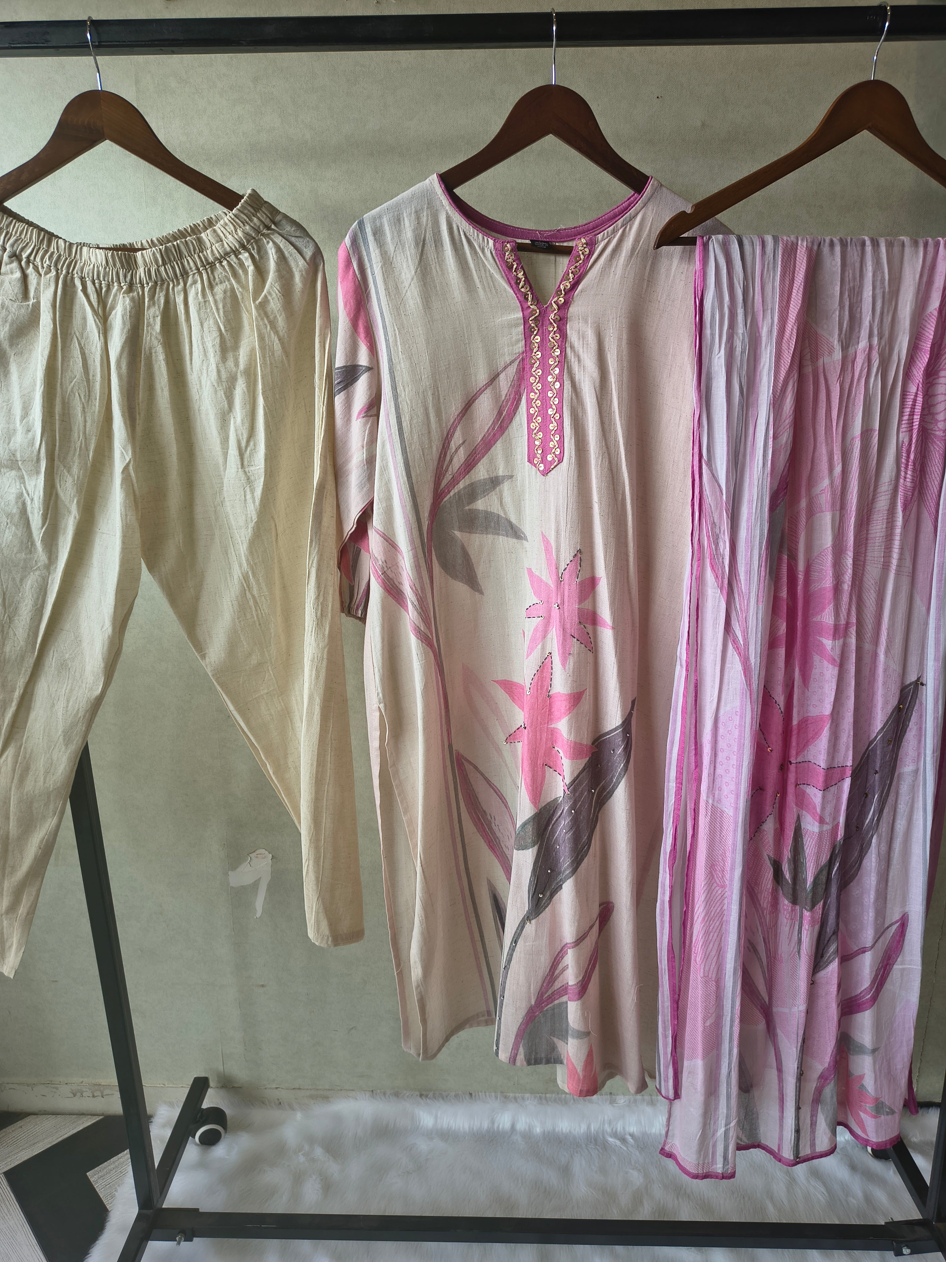 Image of Premium Blush Pink Floral Printed Straight Kurta Set with Churidar Pants & Soft Printed Dupatta
