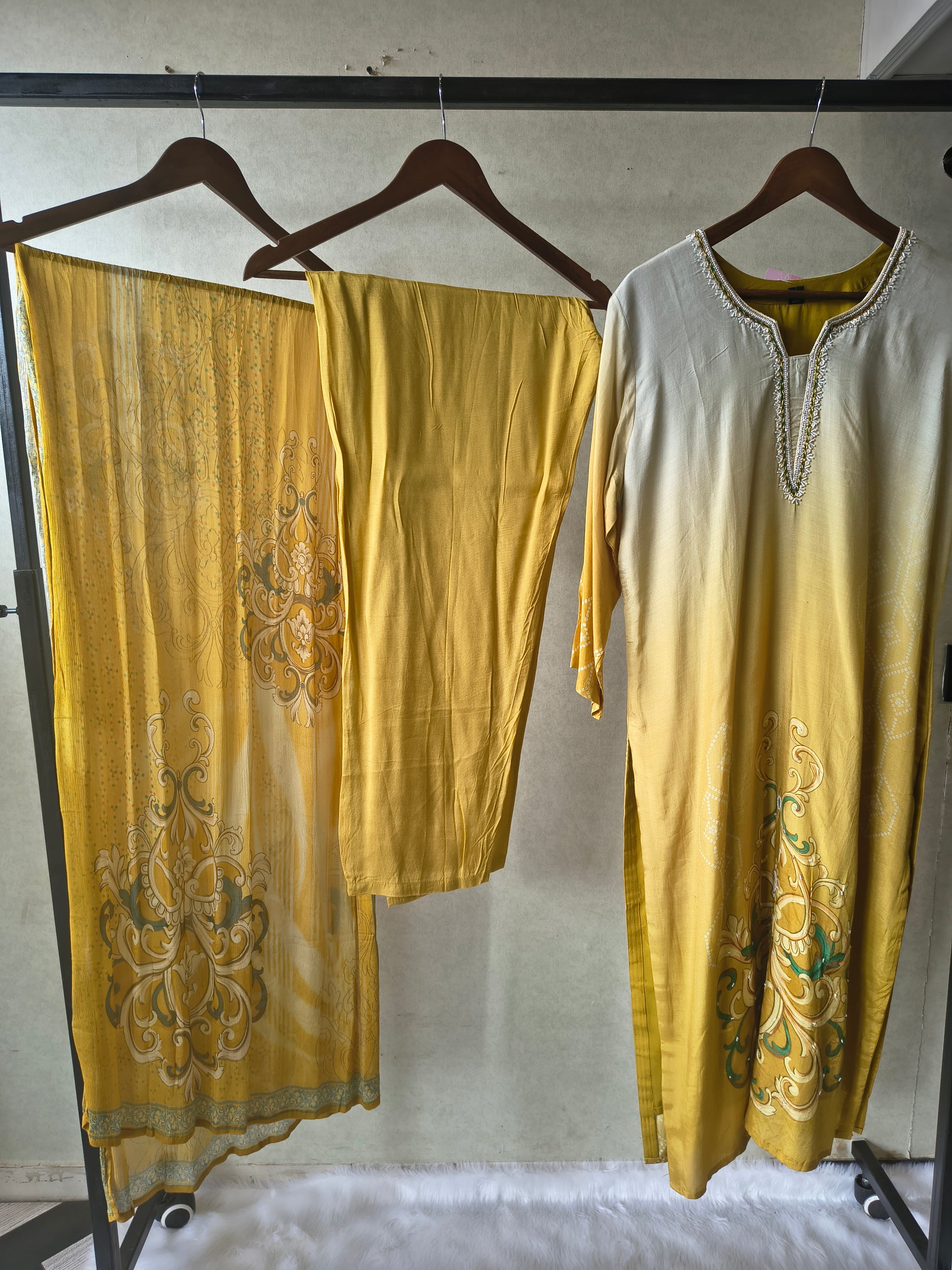 Premium Mustard Yellow Ornamental Print Straight Kurta Set with Designer Dupatta & Straight Pants