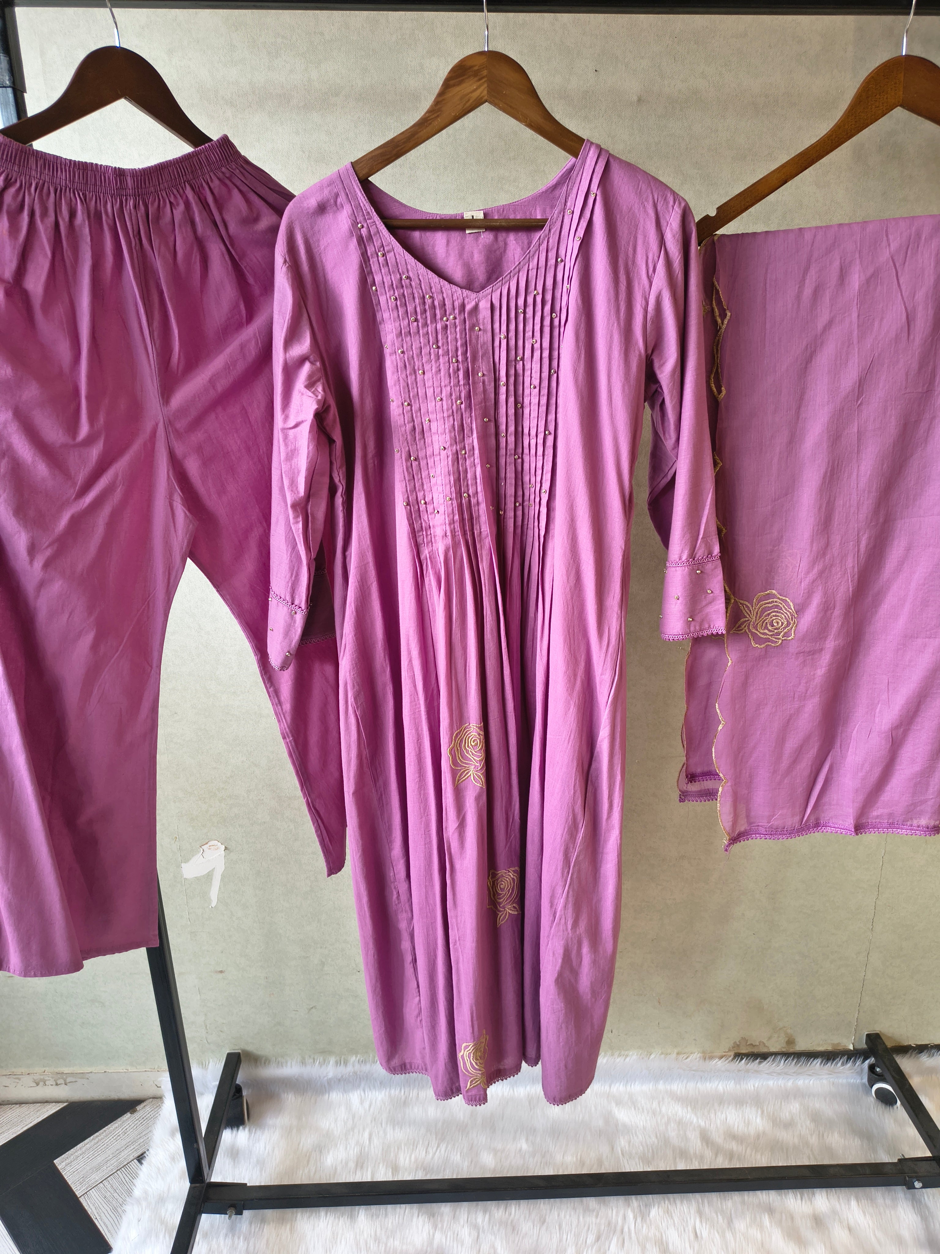 Image of Dusty Mauve Cotton Blend 3-Piece Suit Set with Pintuck Detailing & Delicate Floral Embroidery