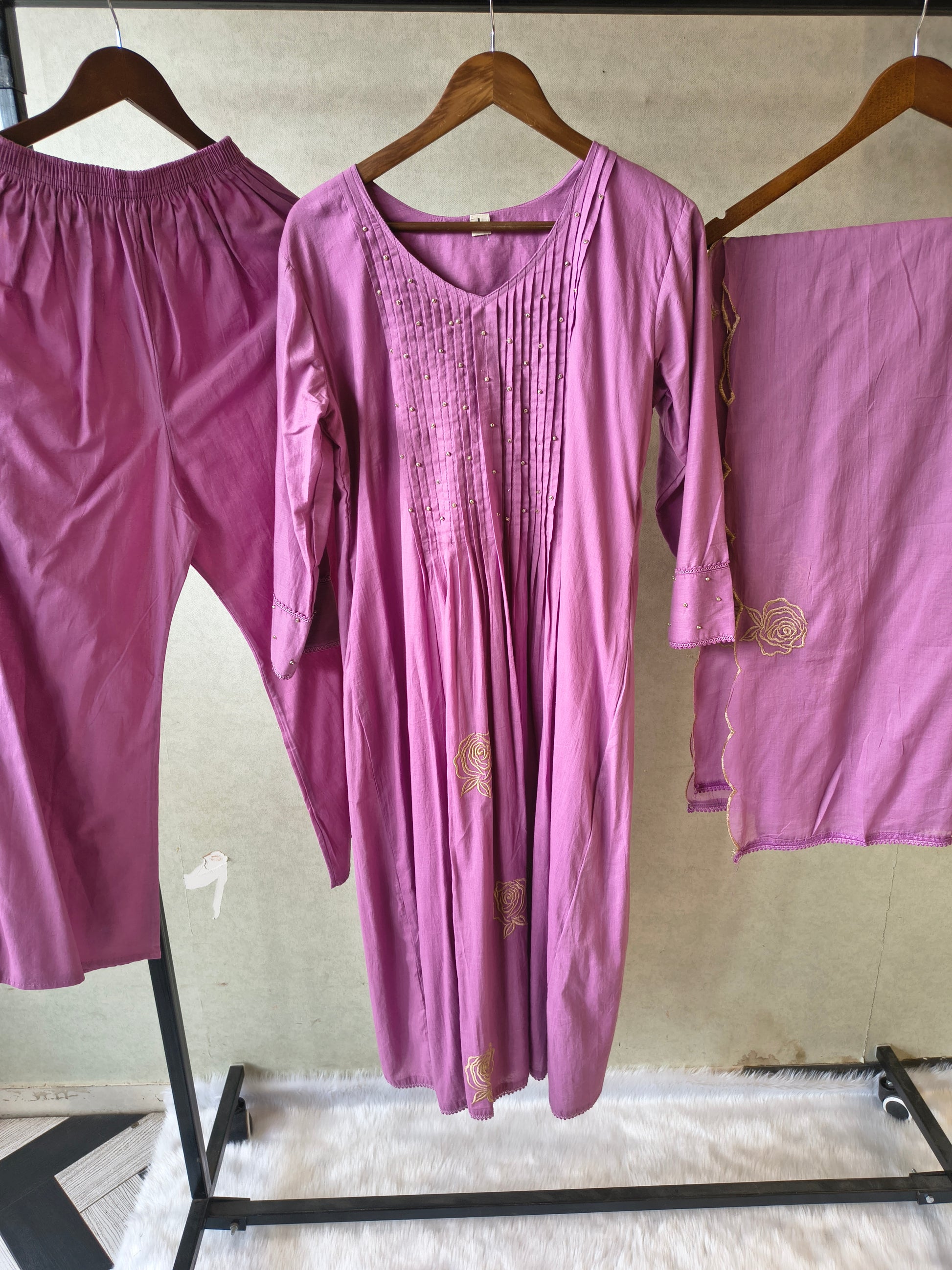 Dusty Mauve Cotton Blend 3-Piece Suit Set with Pintuck Detailing & Delicate Floral Embroidery
