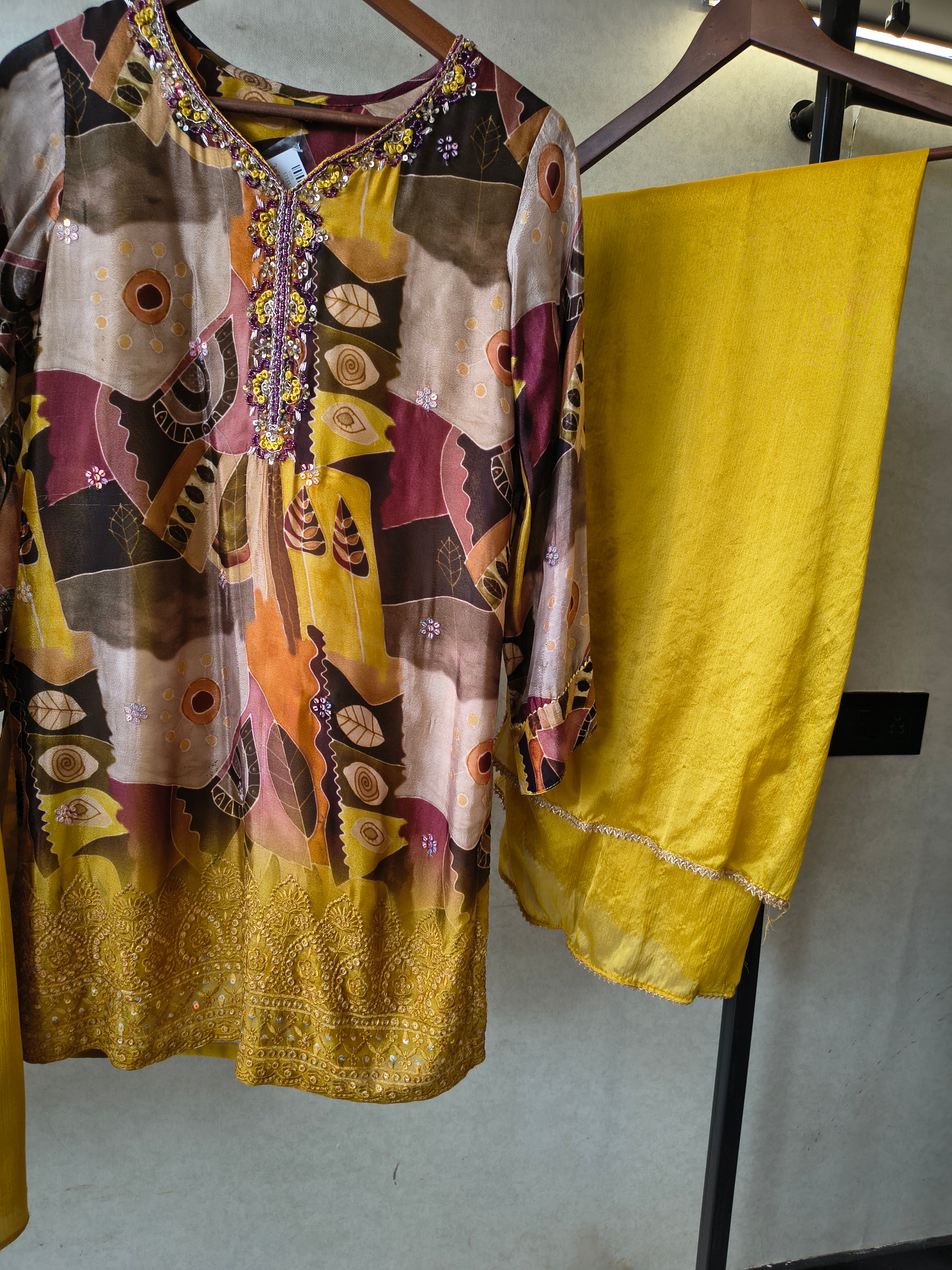 Image of Premium Mustard Abstract Printed Kurta with Sharara & Dupatta Set