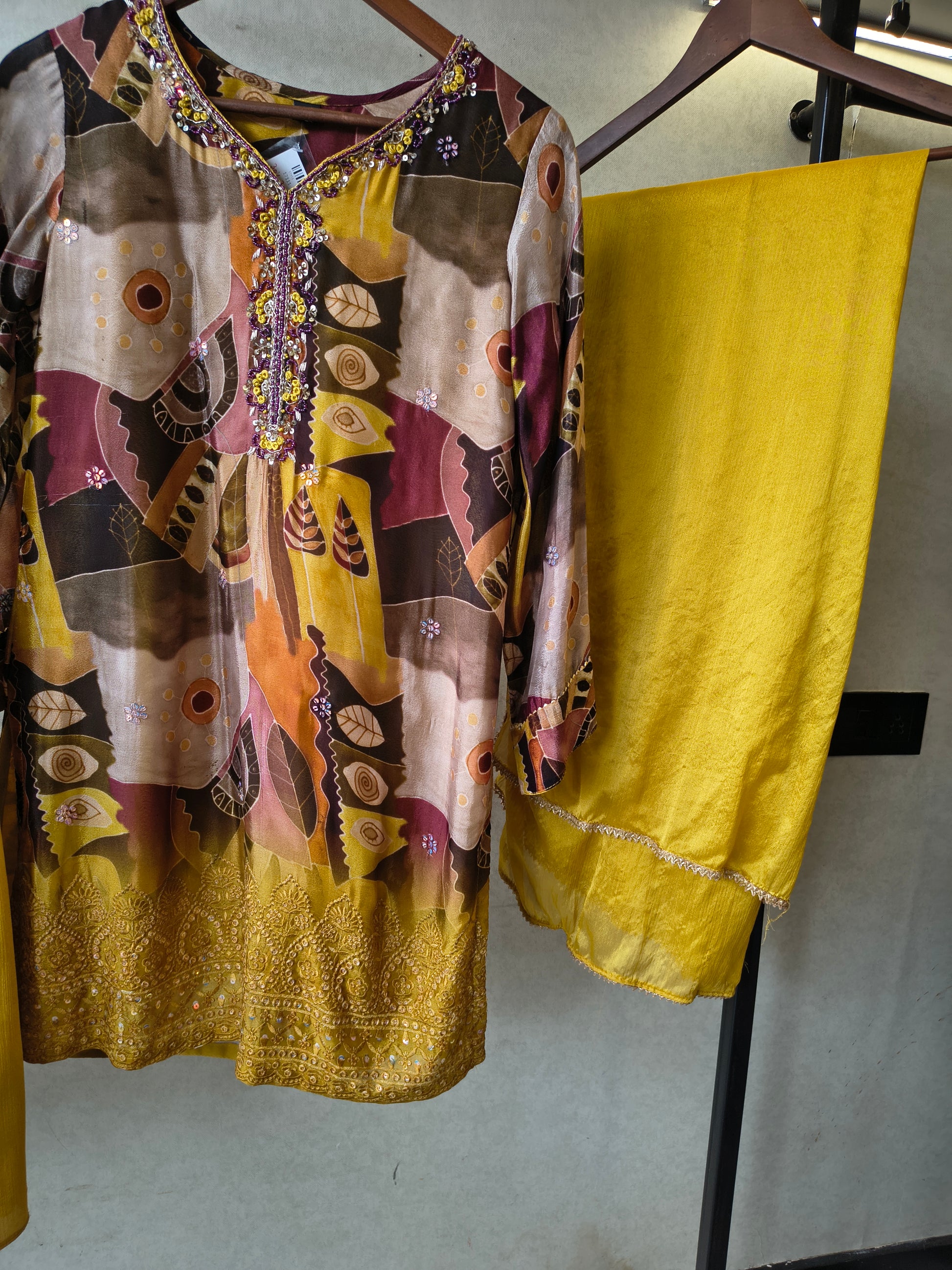 Premium Mustard Abstract Printed Kurta with Sharara & Dupatta Set