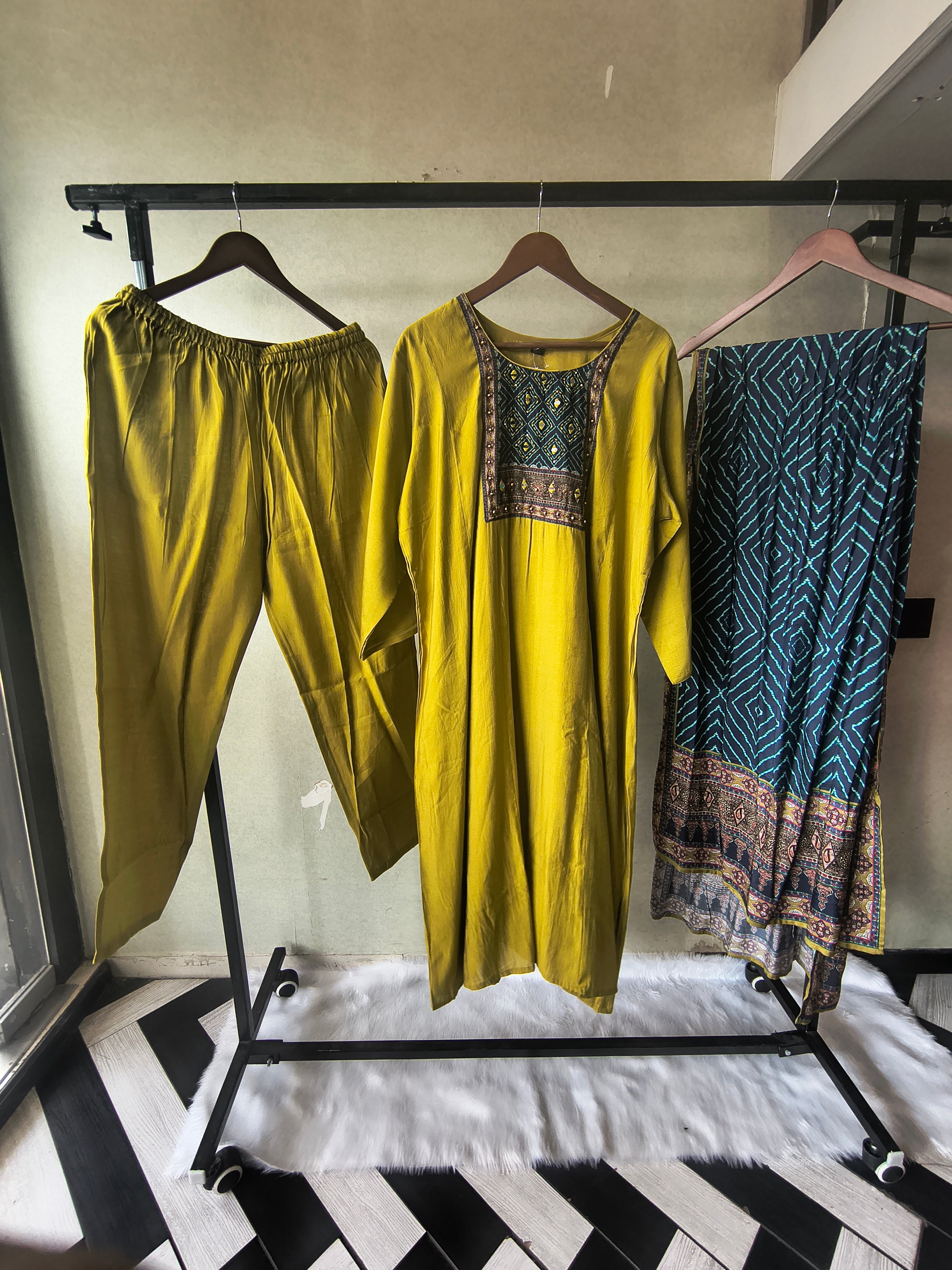 Image of Premium Olive Green Straight Kurta Set with Designer Woven Yoke, Solid Pants & Geometric Printed Dupatta