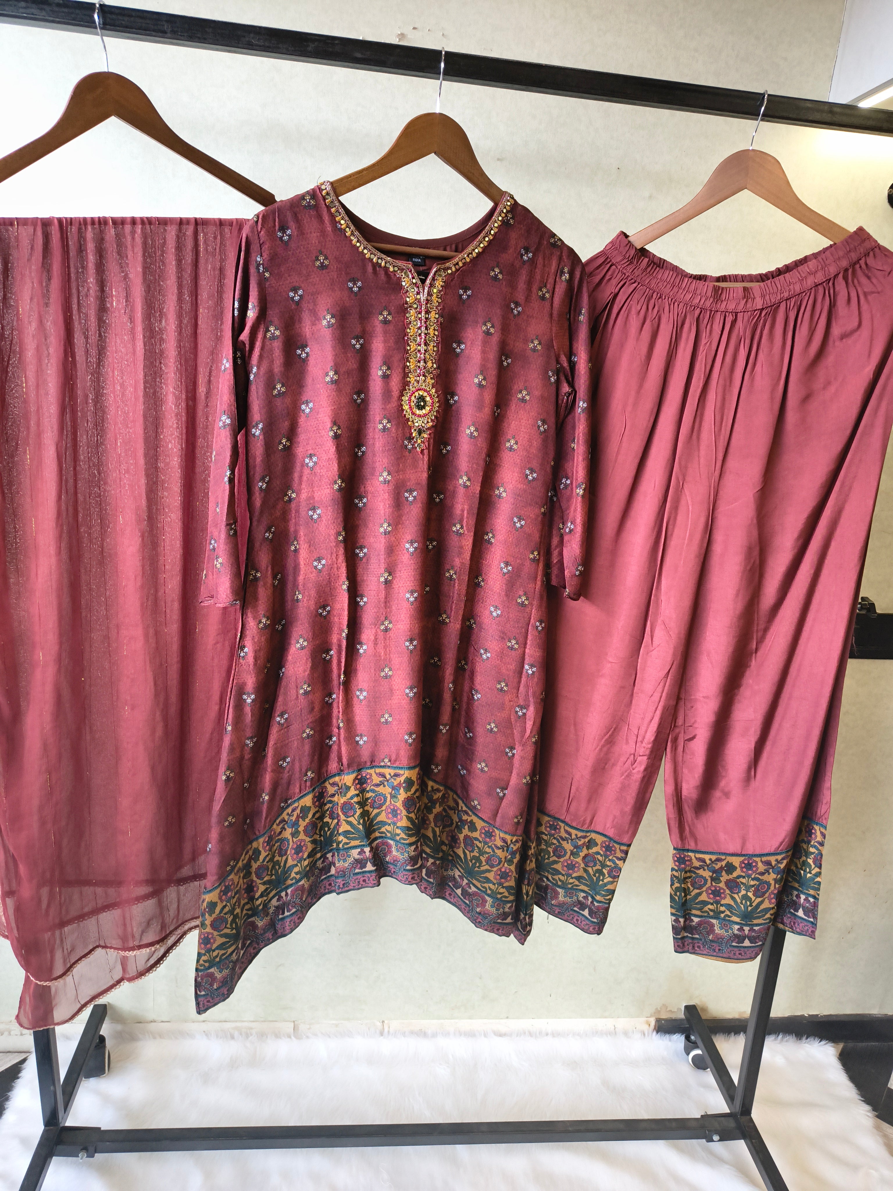 Image of Premium Wine Floral Border Kurta with Straight Pants & Shimmer Dupatta Set