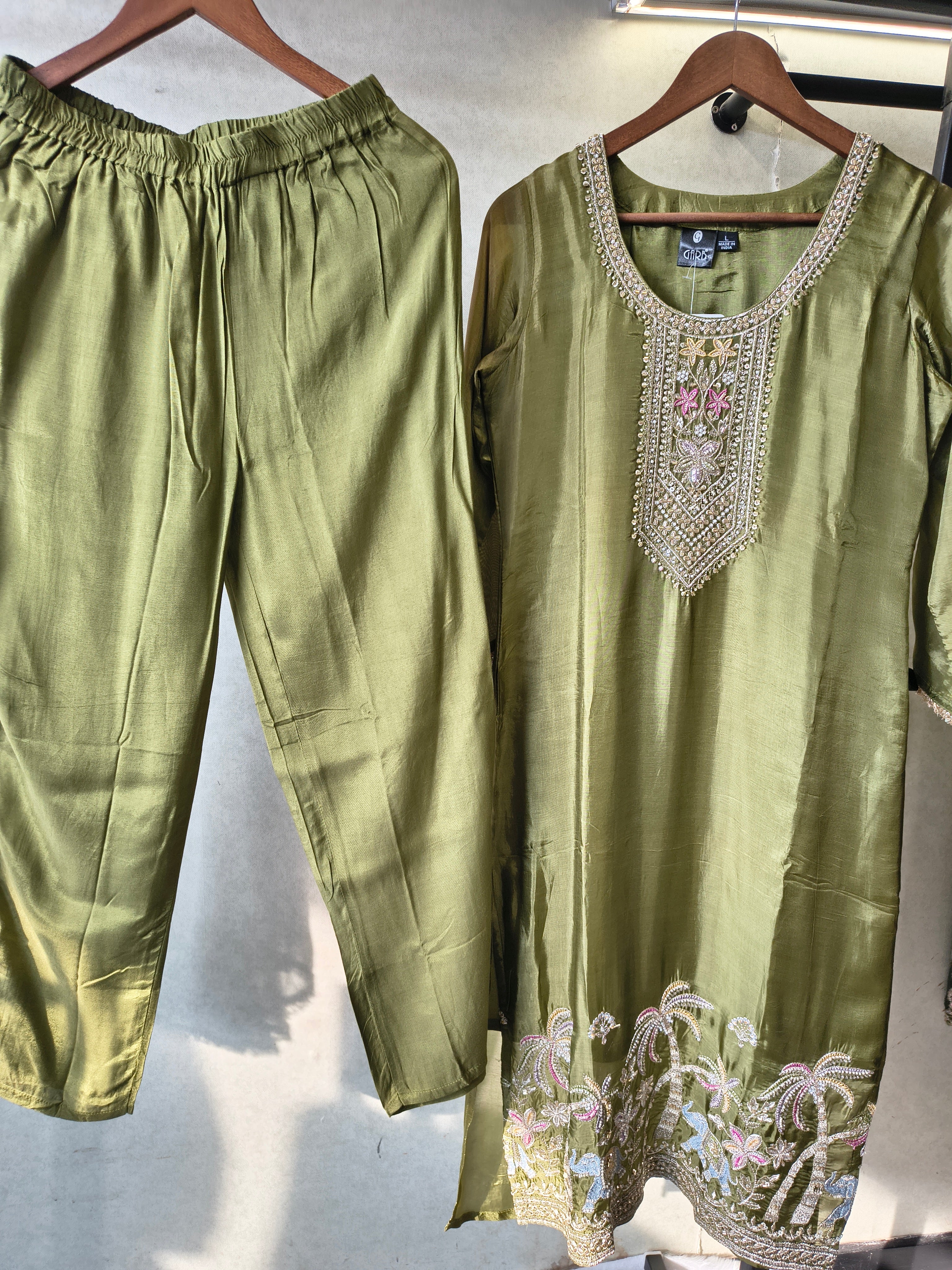 Image of Olive Green Embroidered Straight Kurta Set with Designer Yoke, Scenic Hem Embroidery & Lace Border Dupatta – Premium 3 Piece Ethnic Ensemble