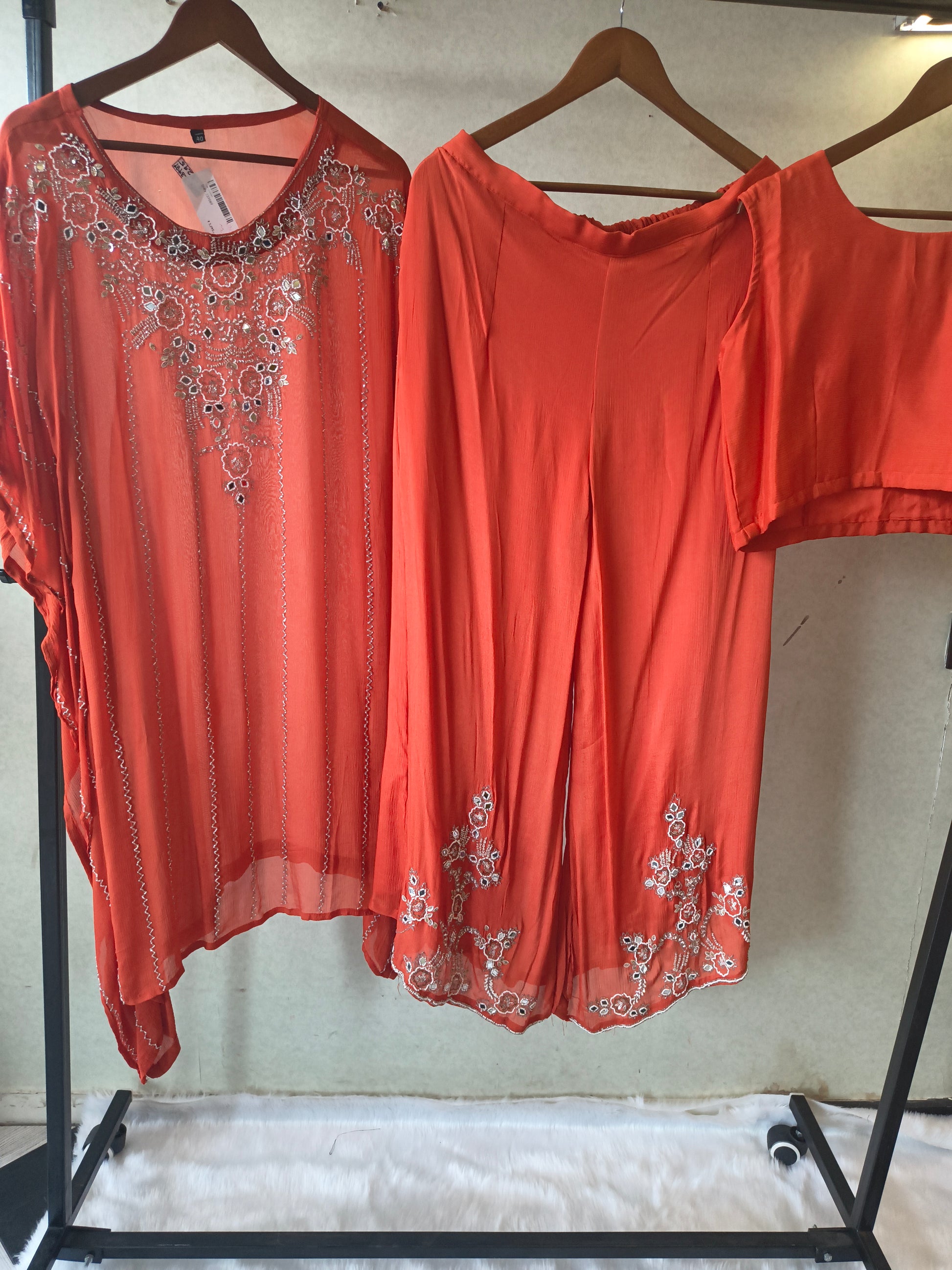 Rust Orange Embroidered Kaftan Co-Ord Set with Palazzo & Blouse – Designer 3 Piece Indo-Western Fusion Wear