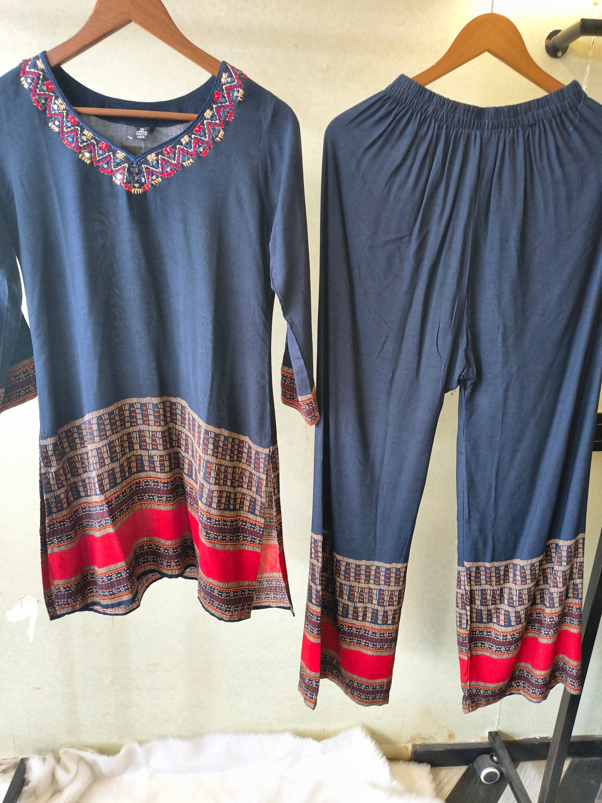 Navy Blue Ethnic Border Designer Co-Ord Set with Embroidered Neckline