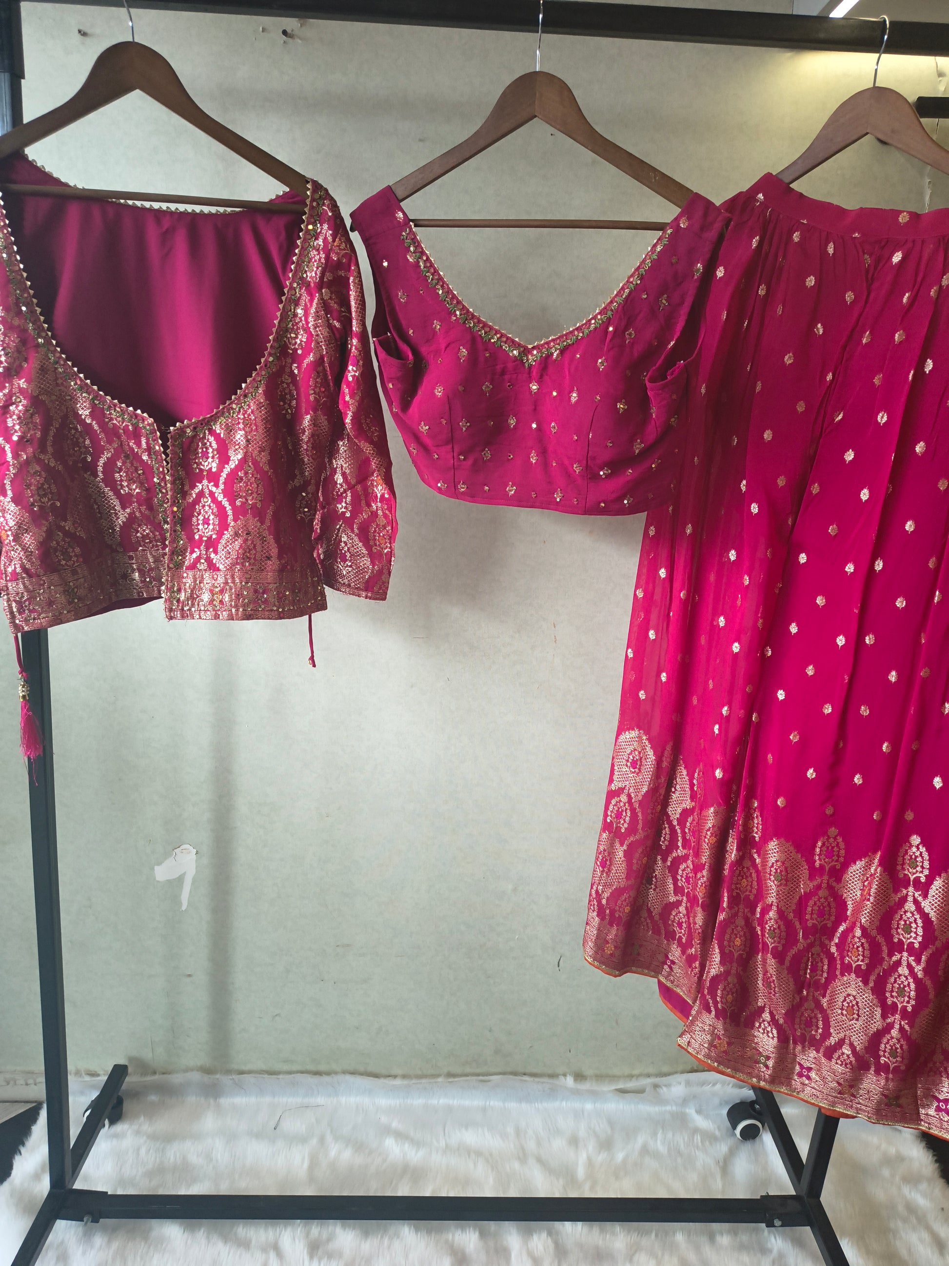 Rani Pink Banarasi Lehenga Set with Dual Designer Blouses – Woven Festive Wedding Ensemble