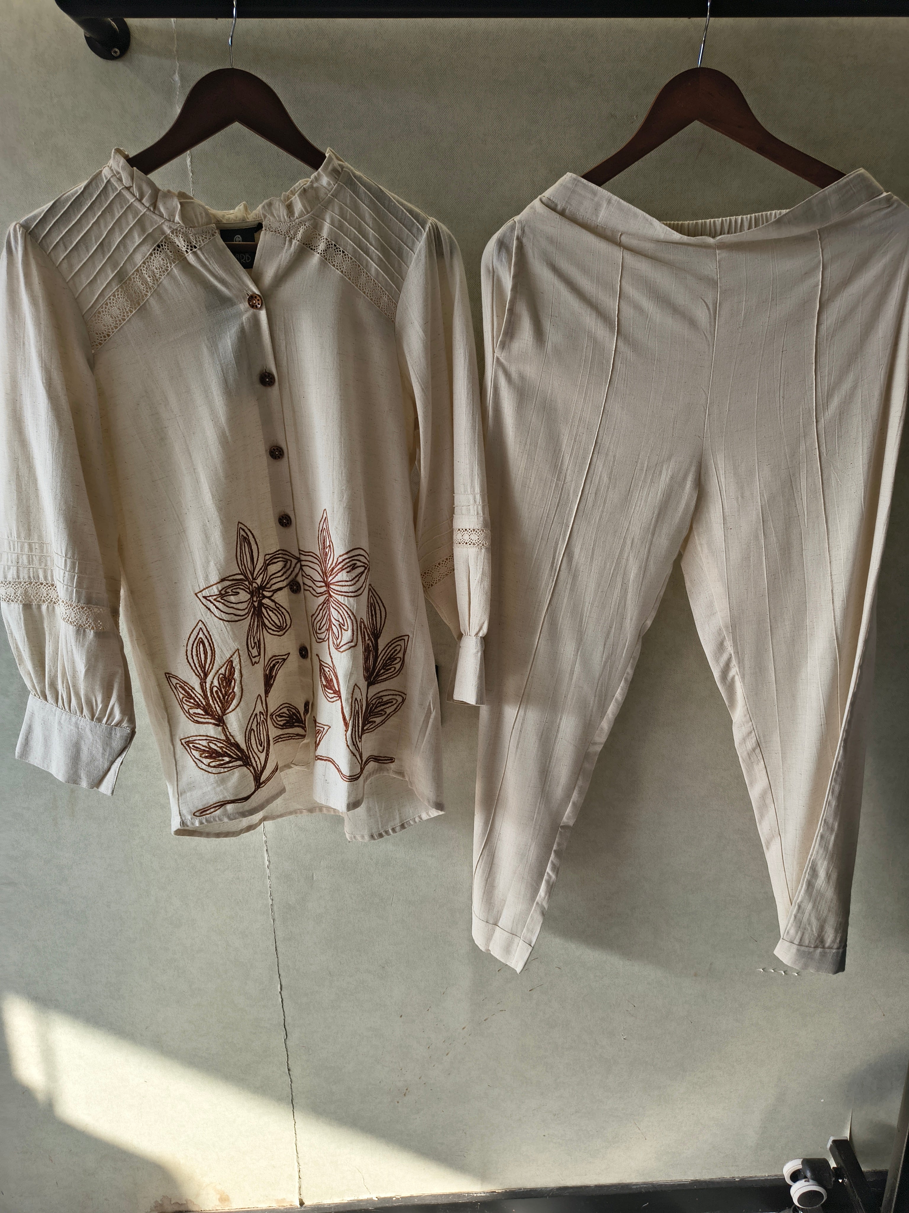 Image of Ivory Botanical Embroidered Pintuck Designer Co-Ord Set