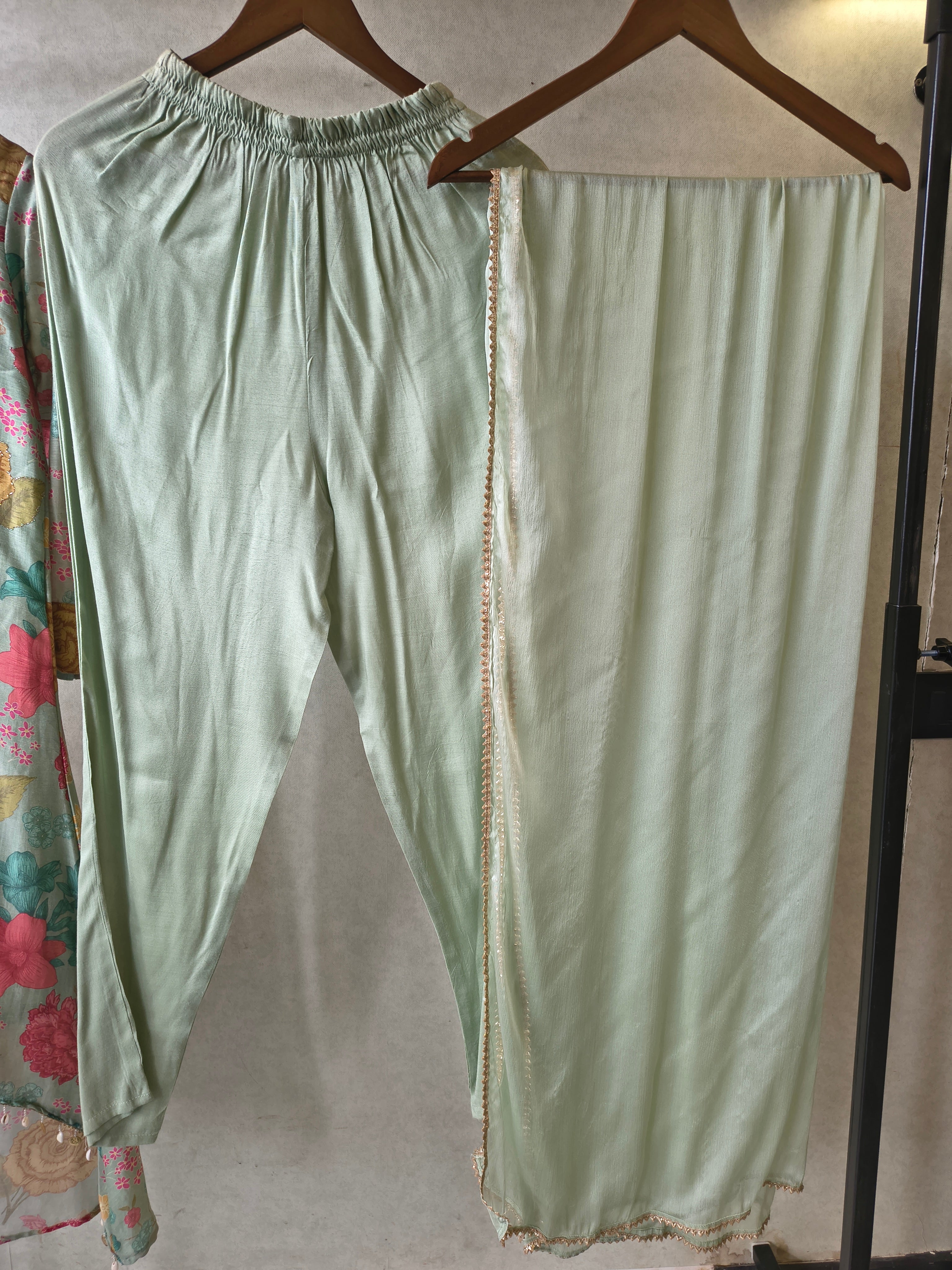 Image of Premium Mint Green Floral Printed Kurta Set with Embellished Neckline & Dupatta