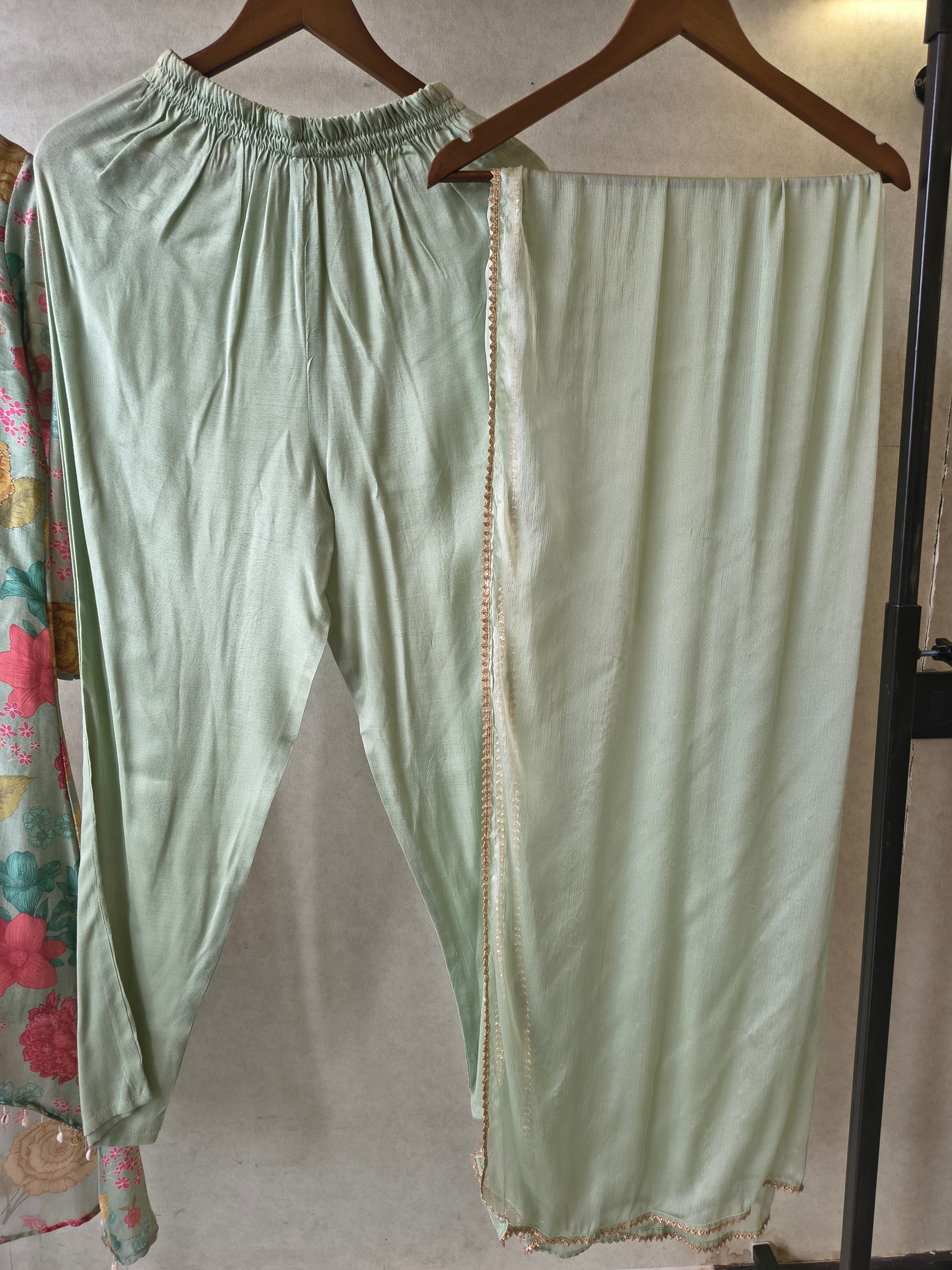 Premium Mint Green Floral Printed Kurta Set with Embellished Neckline & Dupatta