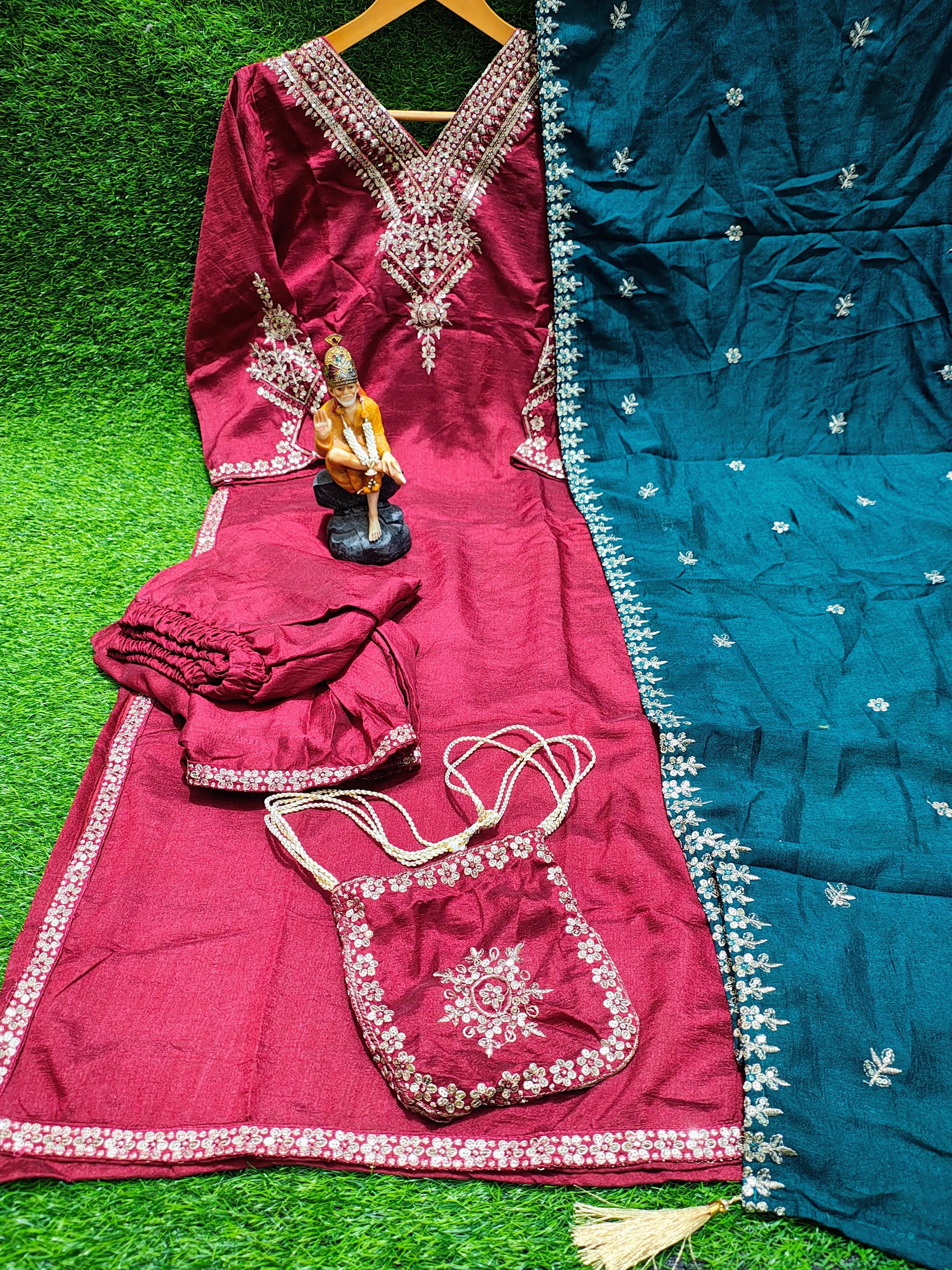 Image of Presenting Beautiful Heavy VICHITRA BLUMING Silk Fabric designer festive wear kurti pant and duppta with Coding work with lining