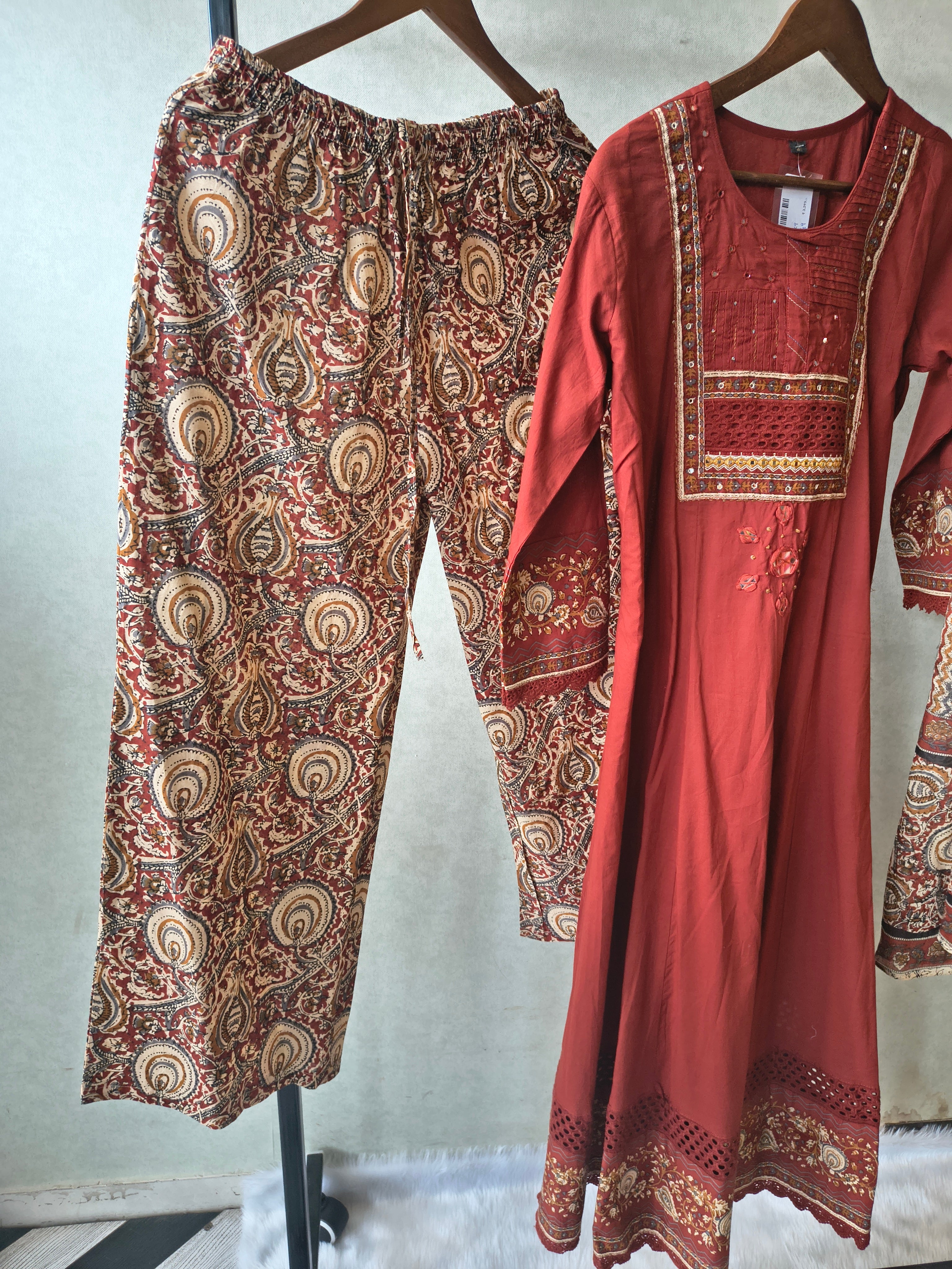 Image of Rust Red Embroidered Three-Piece Kurta Set with Printed Pant & Designer Dupatta