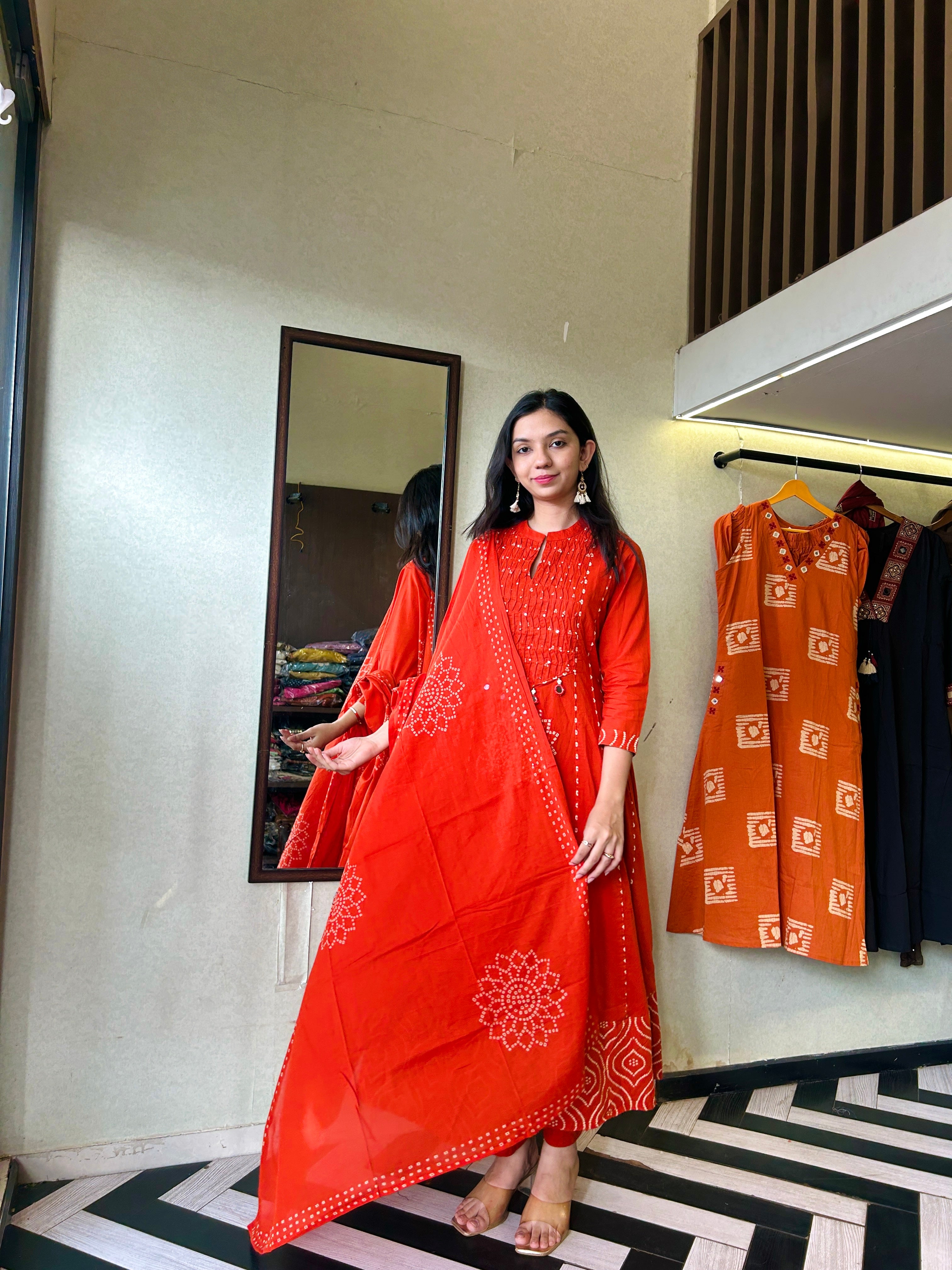Image of Pure Mull Cotton Bandhani 3 Piece Anarkali Set