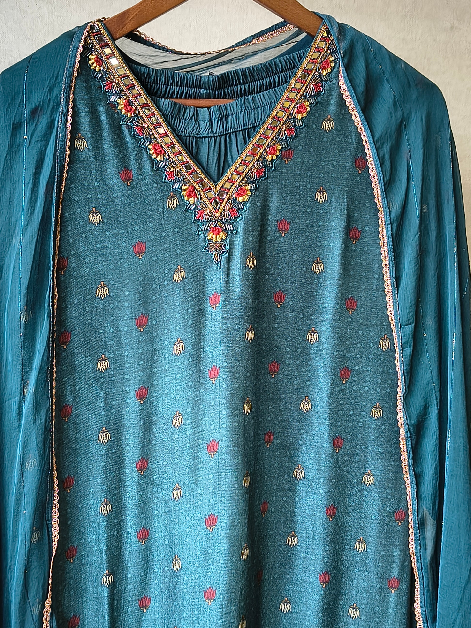 Premium Teal Printed Straight Kurta with Palazzo & Dupatta Set
