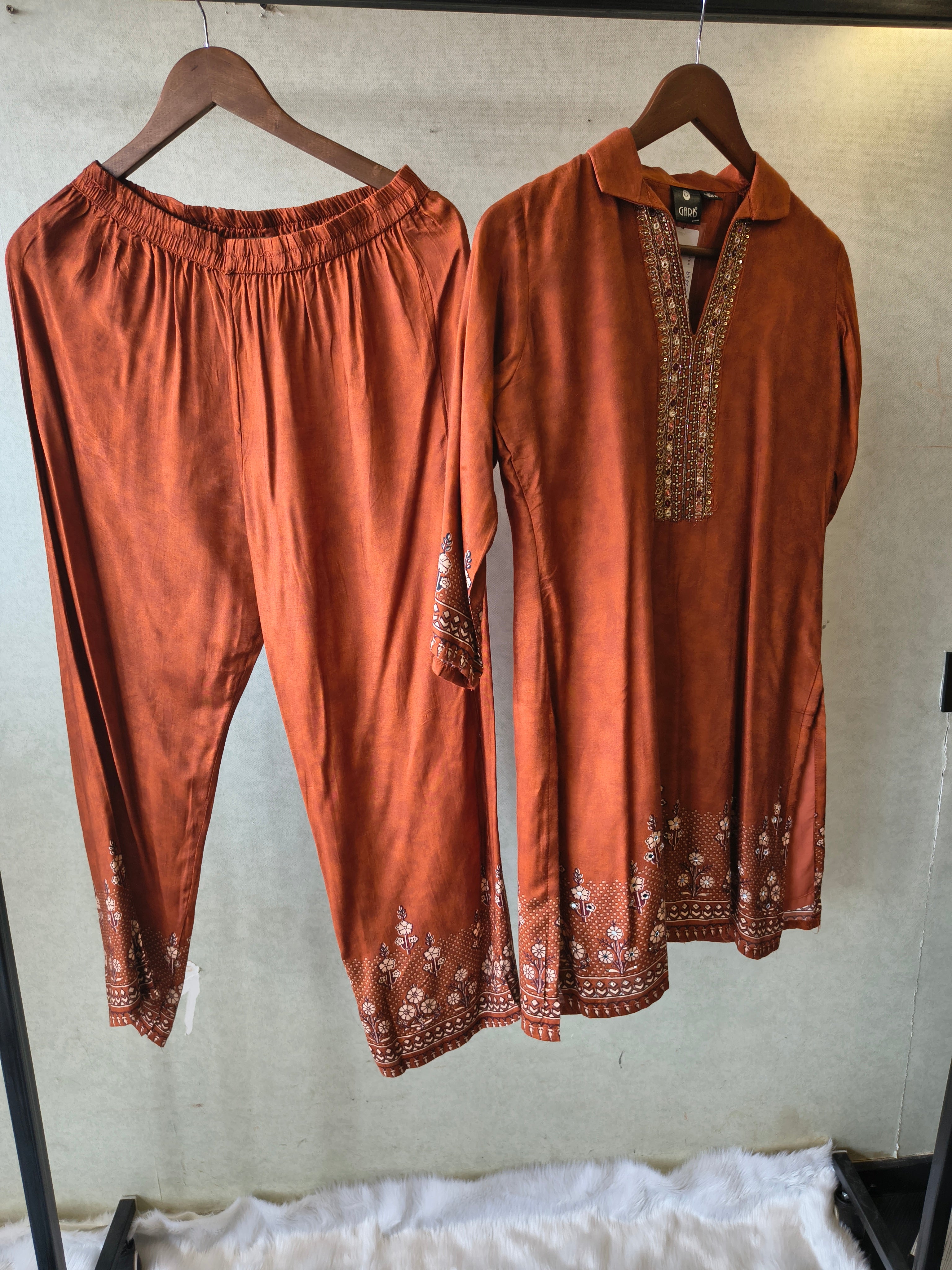 Image of Rust Brown Designer Ethnic Co-Ord Set with Embellished Neckline & Printed Borders
