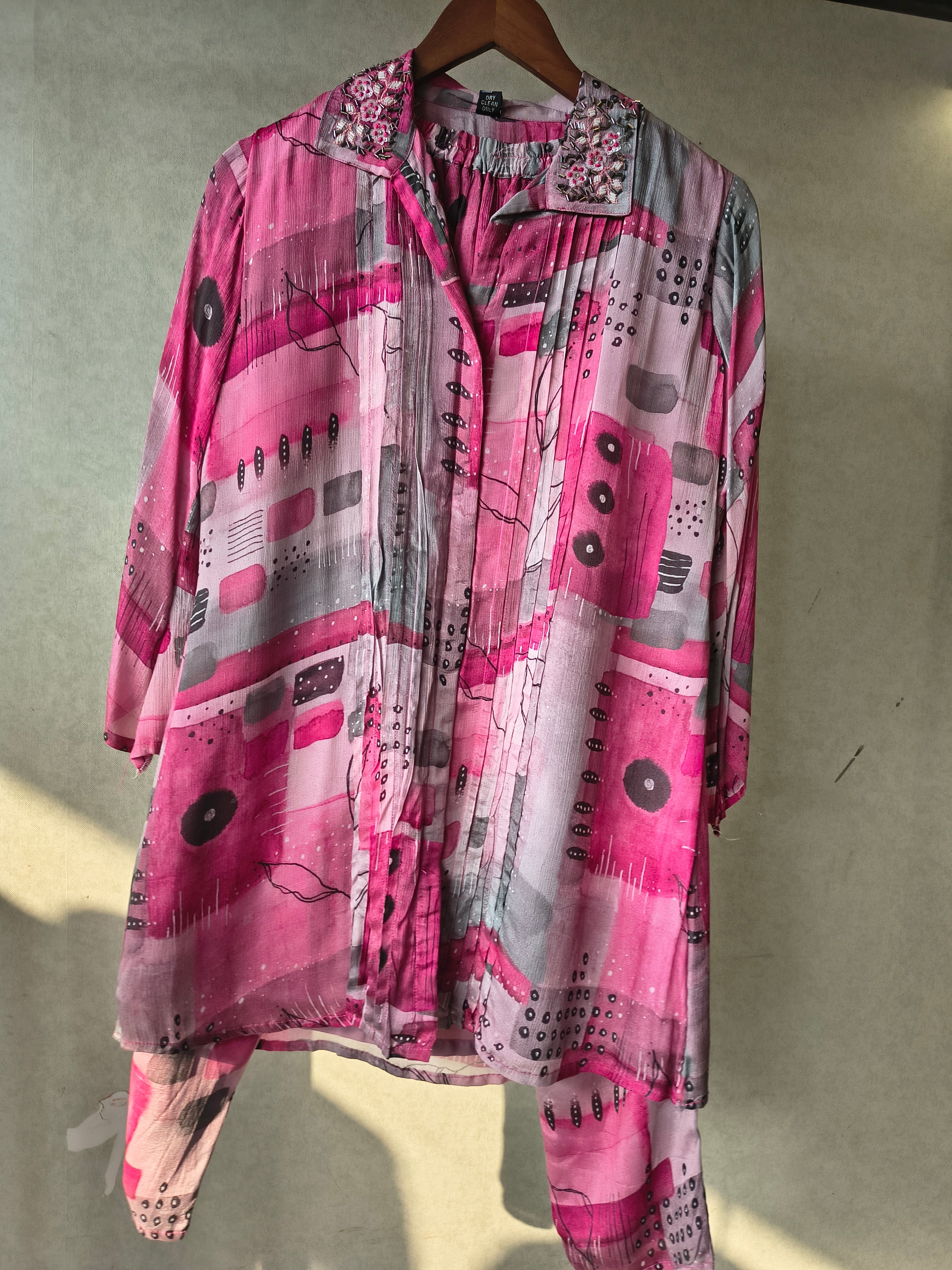 Image of Premium Embellished Abstract Printed Oversized Shirt Co-Ord Set with Tapered Pants