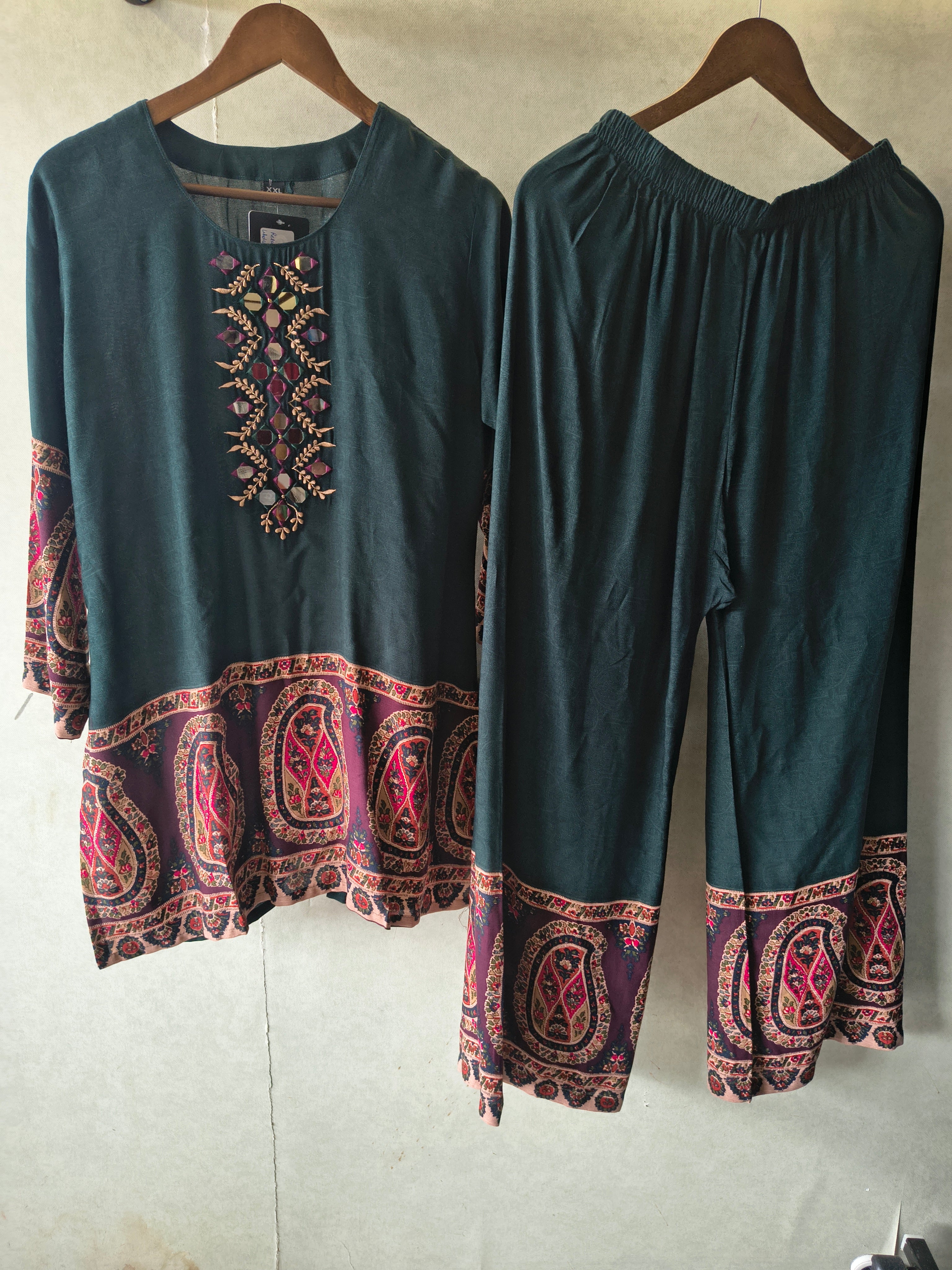 Image of Premium Teal Mirror Work Printed Kurta Pant Co-Ord Set
