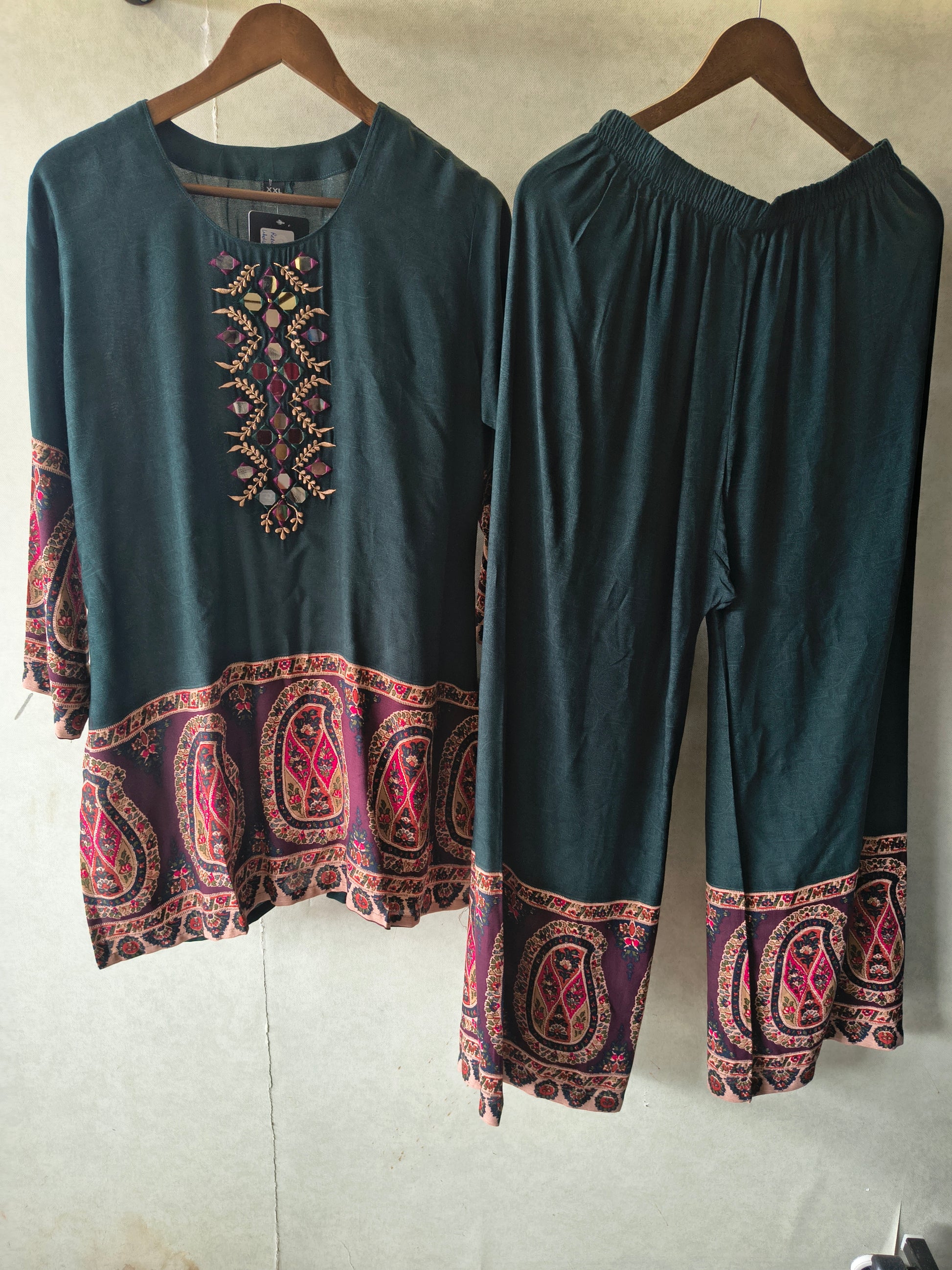 Premium Teal Mirror Work Printed Kurta Pant Co-Ord Set