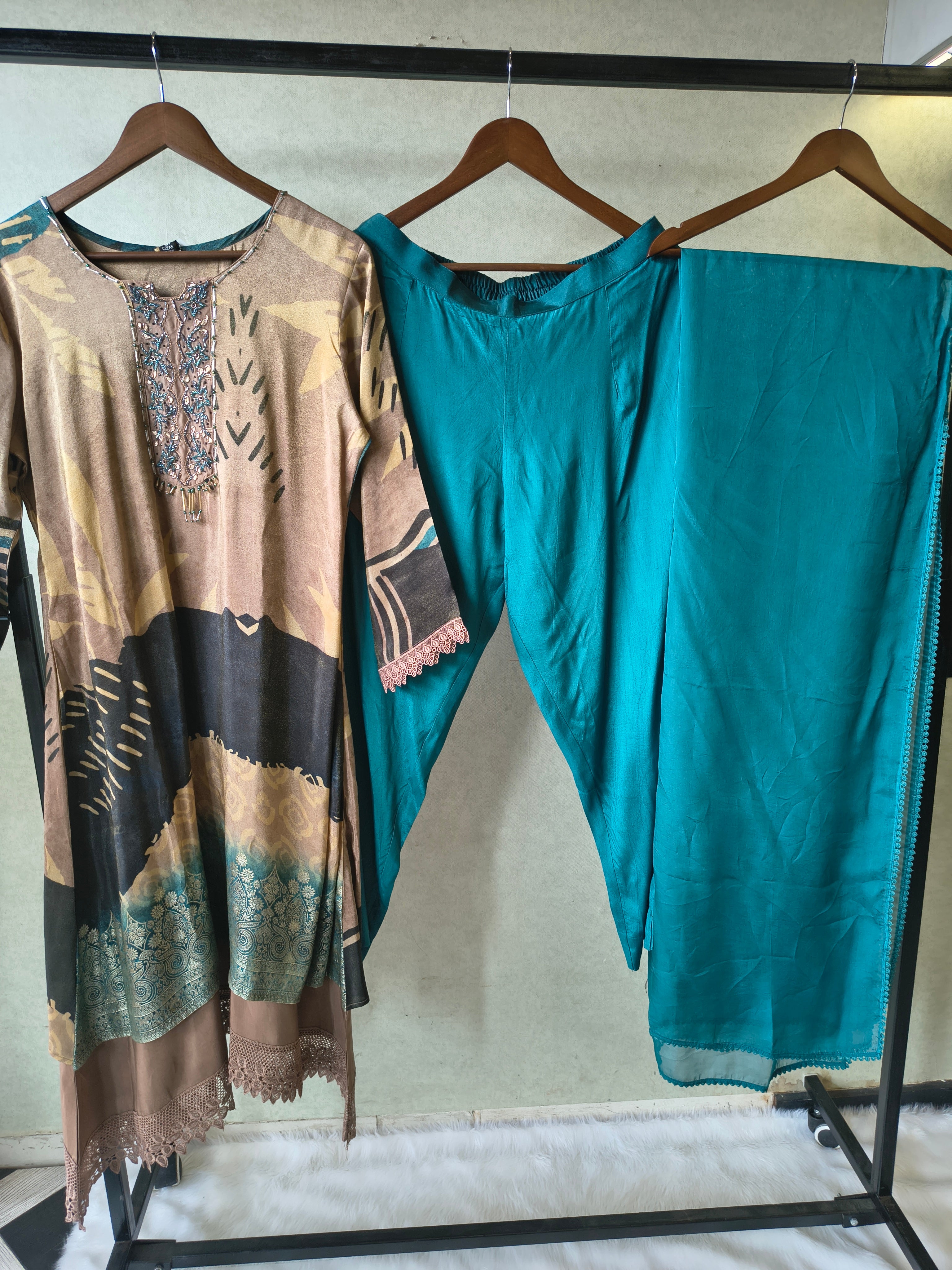 Image of Premium Abstract Print Straight Kurta with Cigarette Pants & Dupatta Set