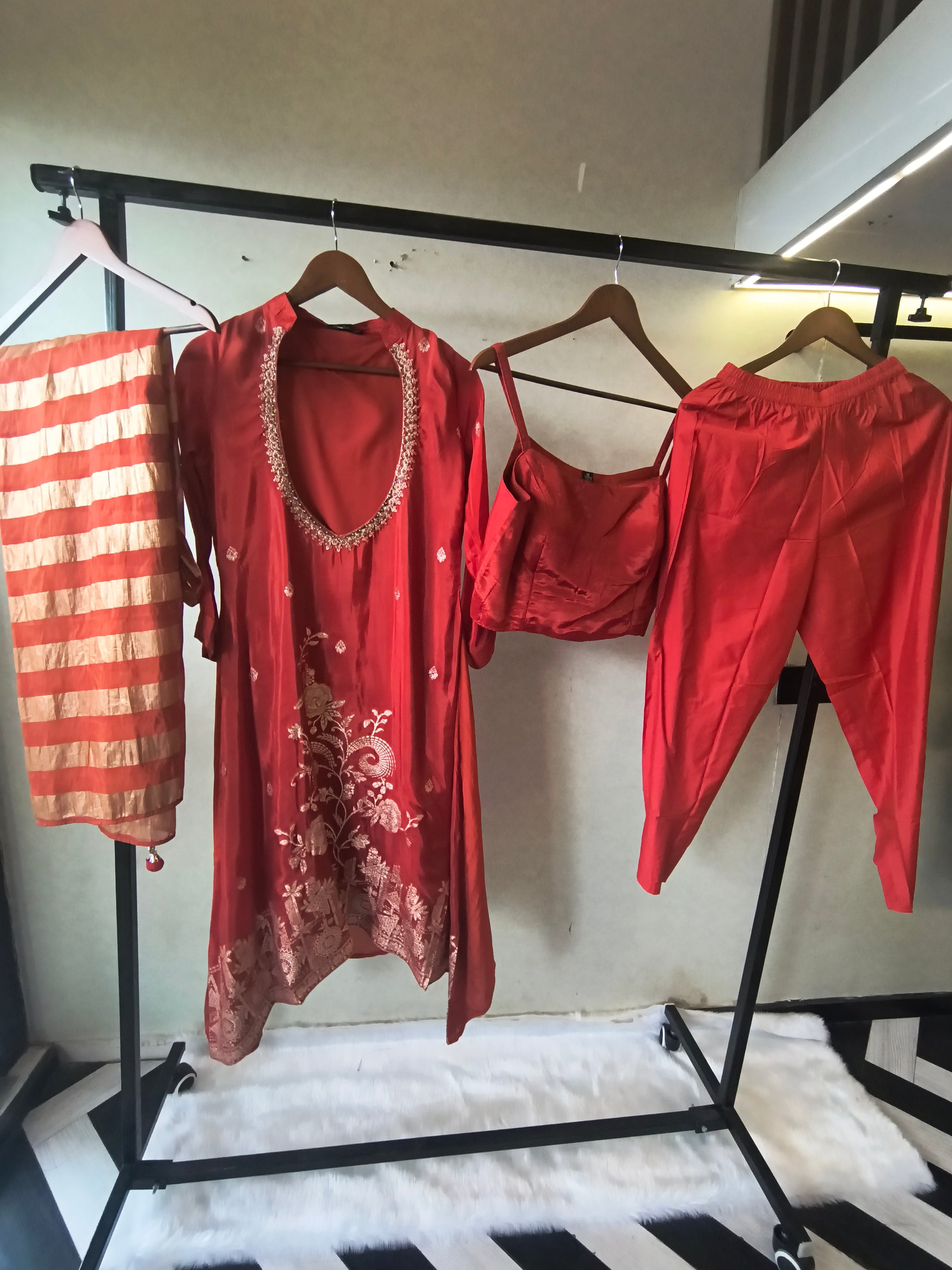 Ruby Red Embroidered Asymmetrical Kurta with Inner, Cigarette Pants & Striped Dupatta – 4 Piece Designer Indo-Western Set