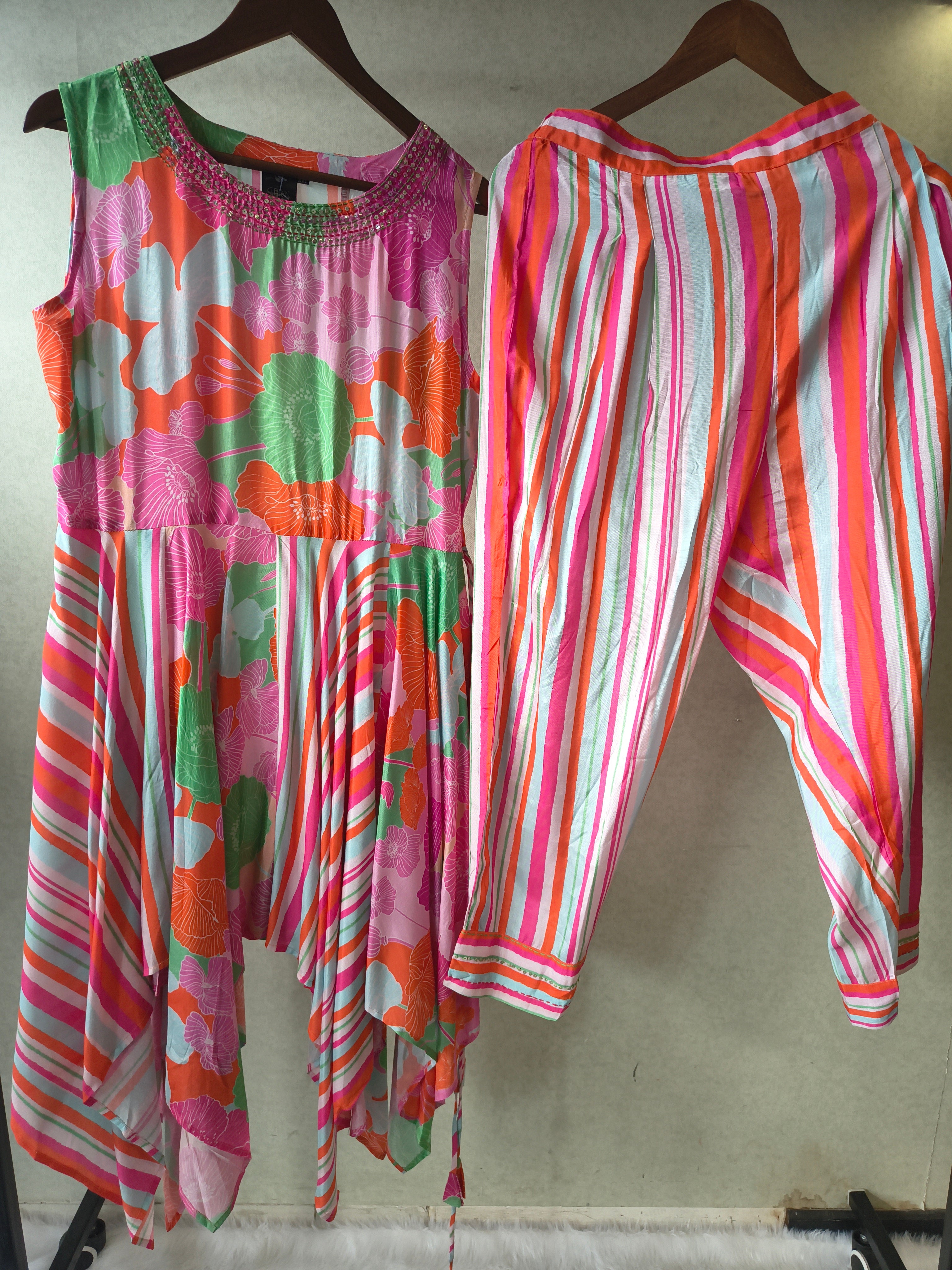 Image of Premium Tropical Floral Handkerchief Kurta with Striped Tapered Pants Co-Ord Set