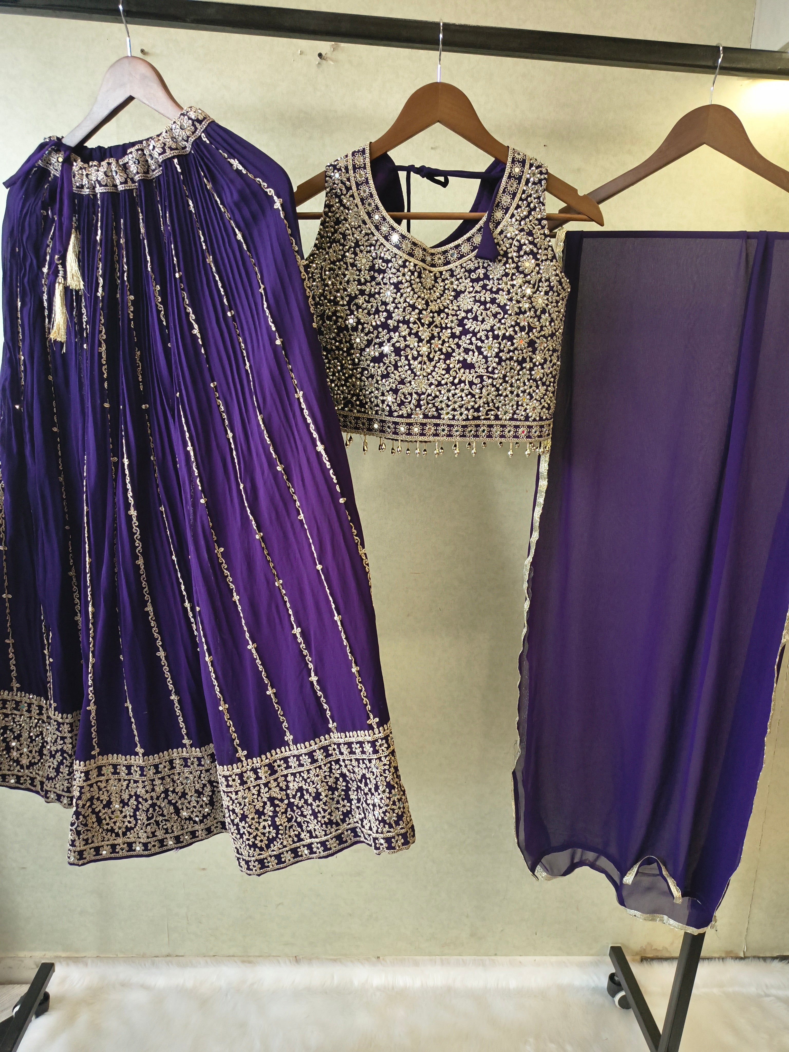 Image of Royal Purple Heavy Embroidered Designer Lehenga Set with Statement Blouse & Chiffon Dupatta | Premium Wedding Collection