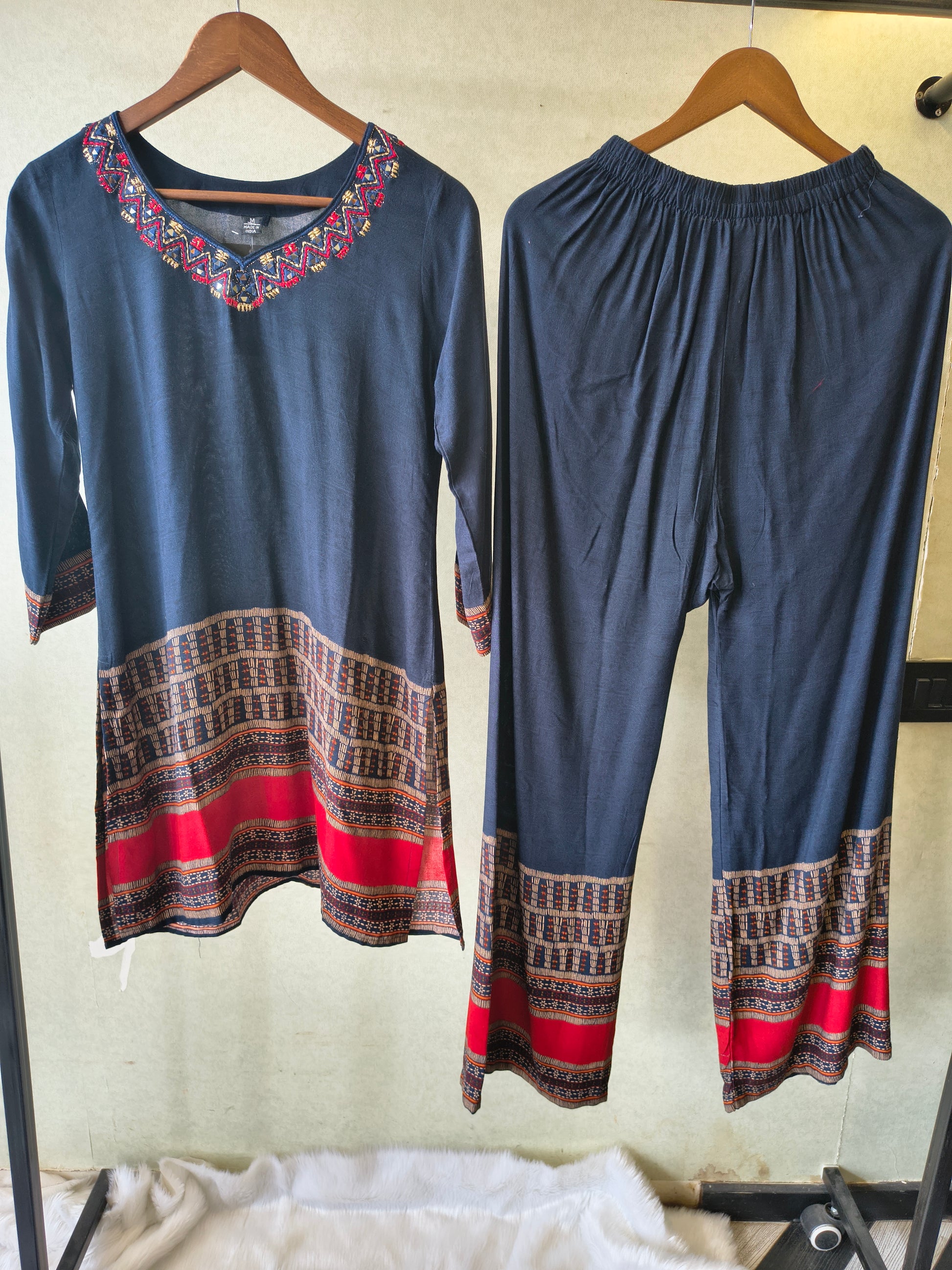 Navy Blue Ethnic Border Designer Co-Ord Set with Embroidered Neckline