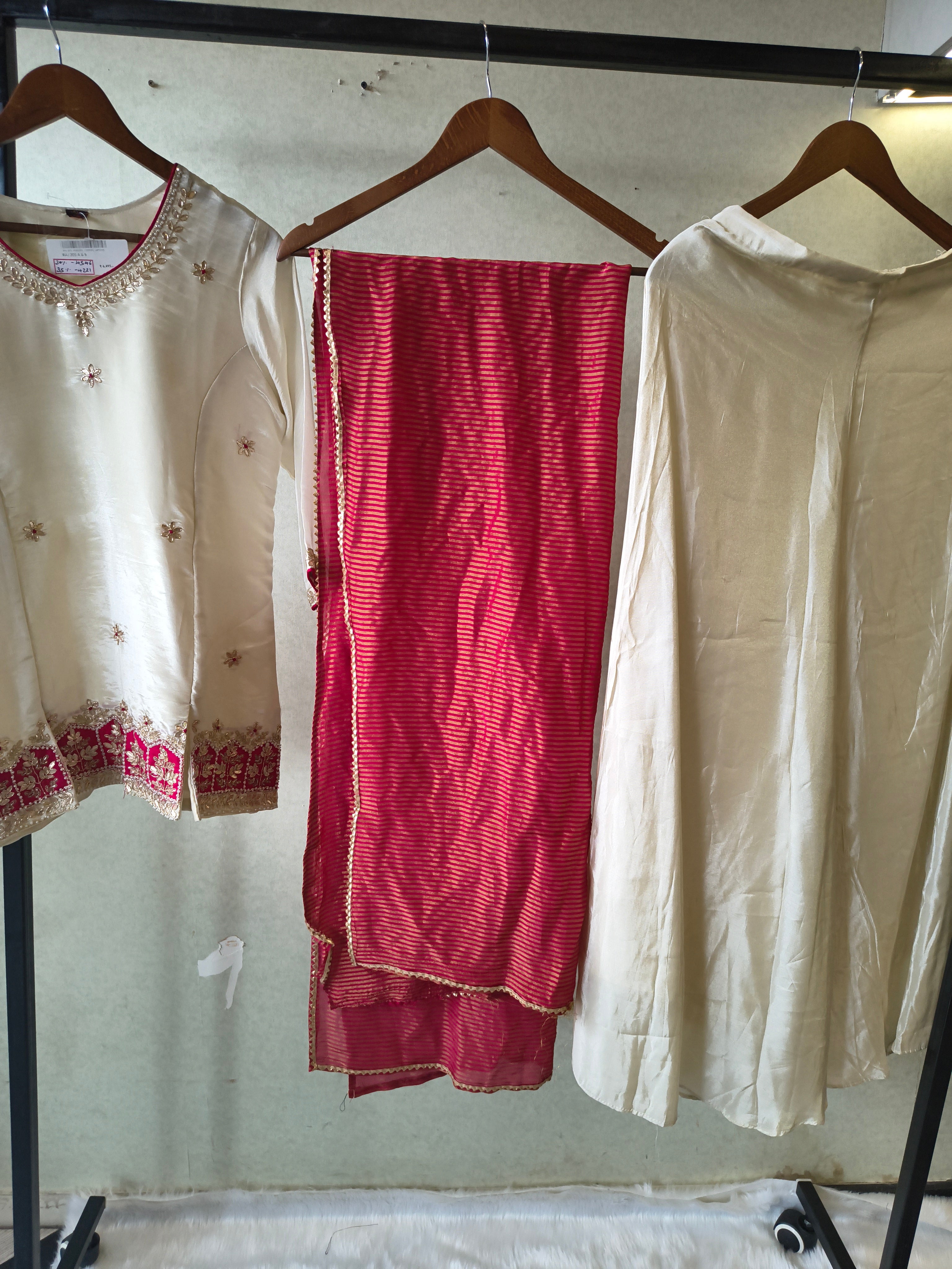 Image of Ivory Tissue Silk Embroidered Kurta with Flared Palazzo & Contrast Pink Leheriya Dupatta – 3 Piece Festive Set