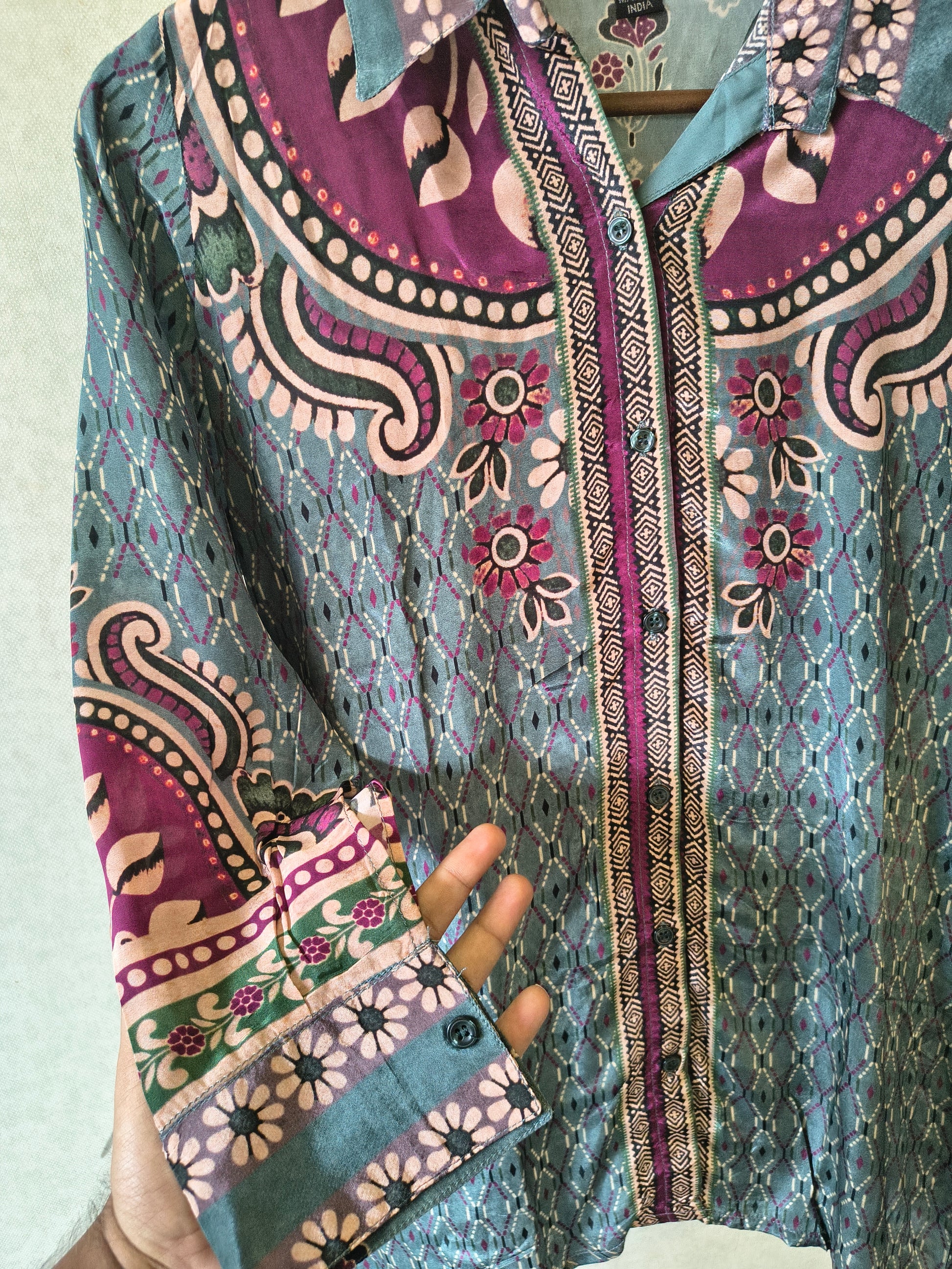 Teal Blue Vintage Floral Printed Shirt Style Tunic