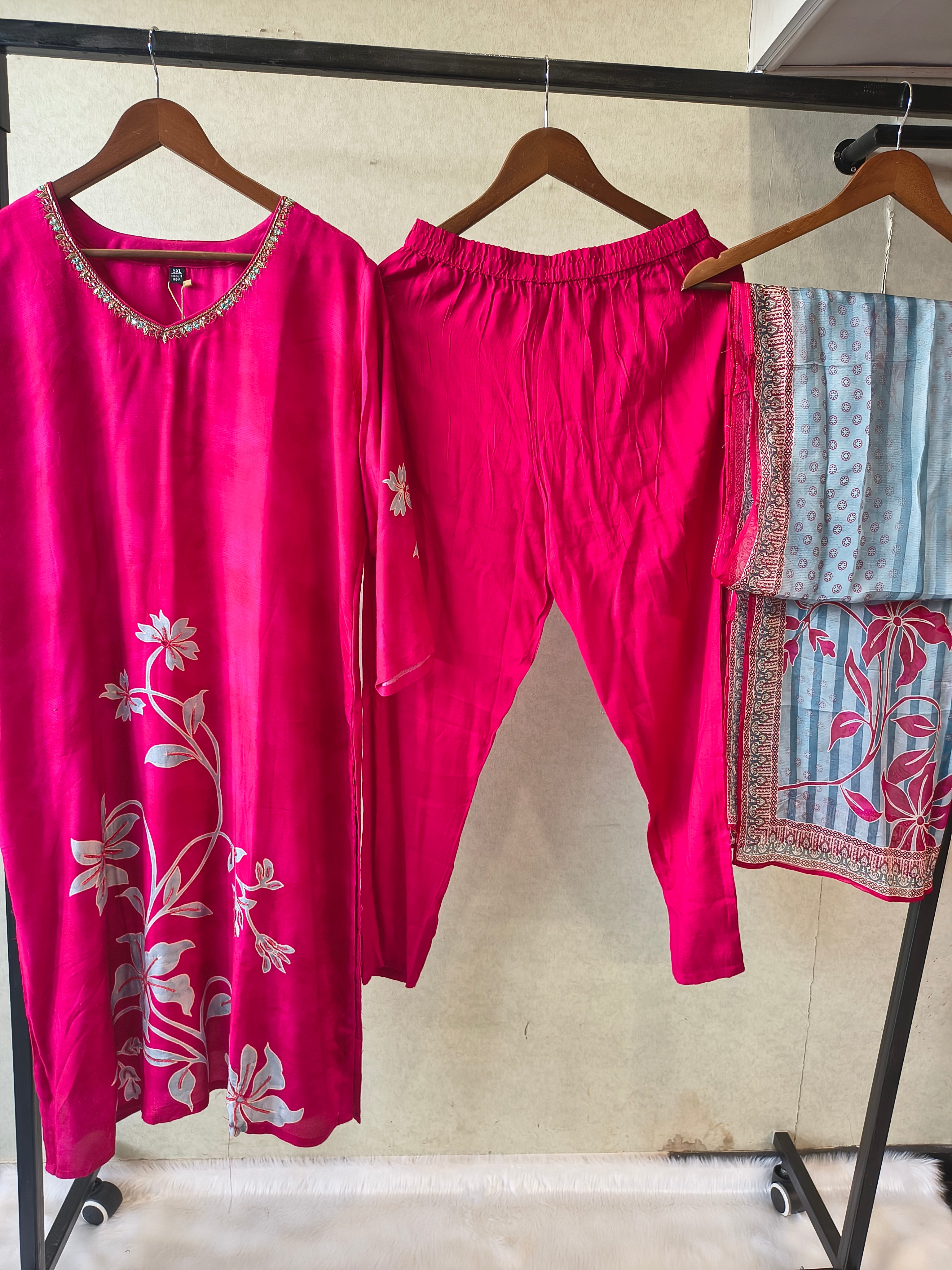 Image of Premium Fuchsia Floral Printed Kurta Set with Embellished Neckline & Contrast Dupatta