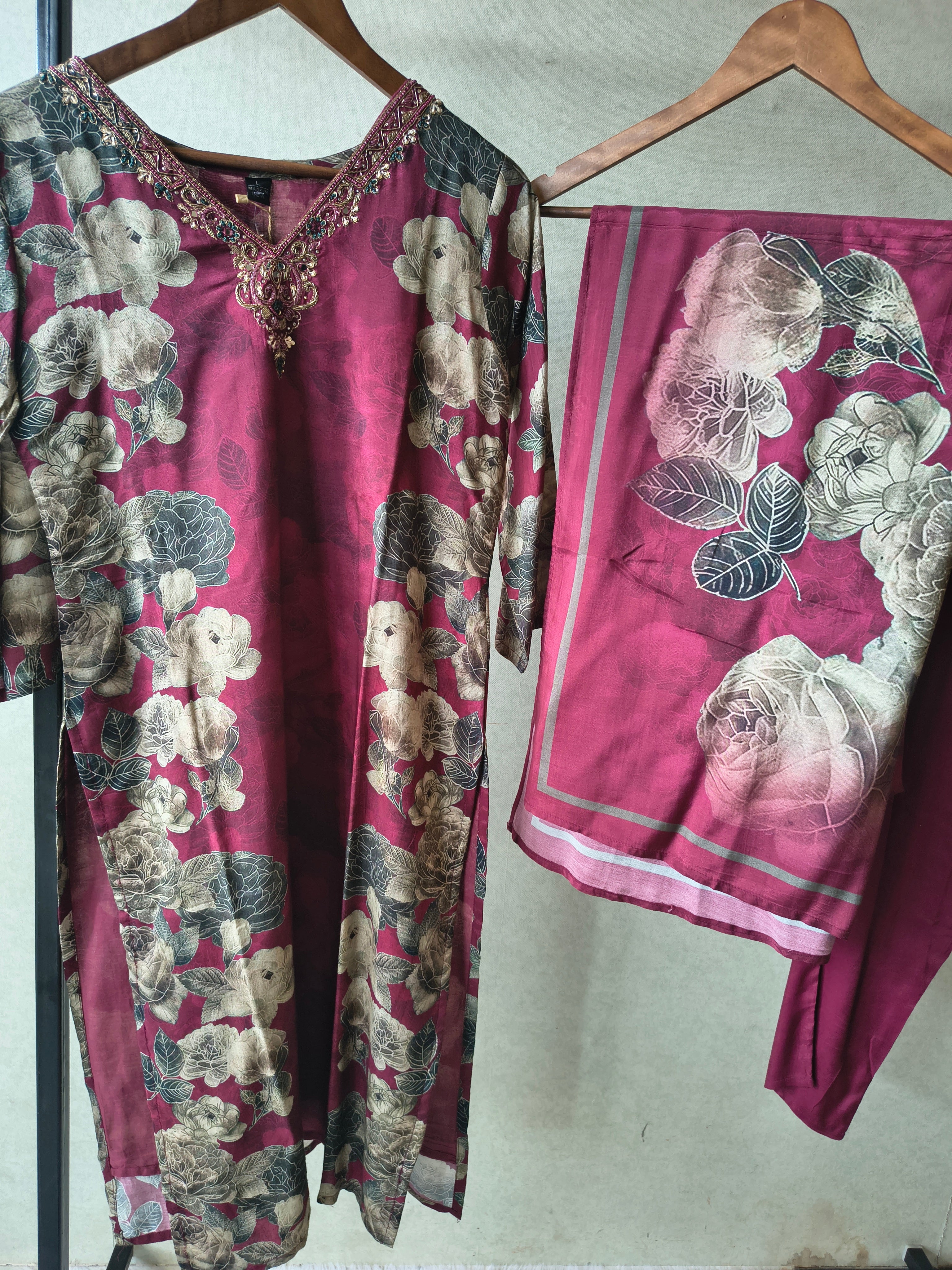 Image of Premium Wine Floral Printed Kurta Set with Solid Pants & Printed Dupatta