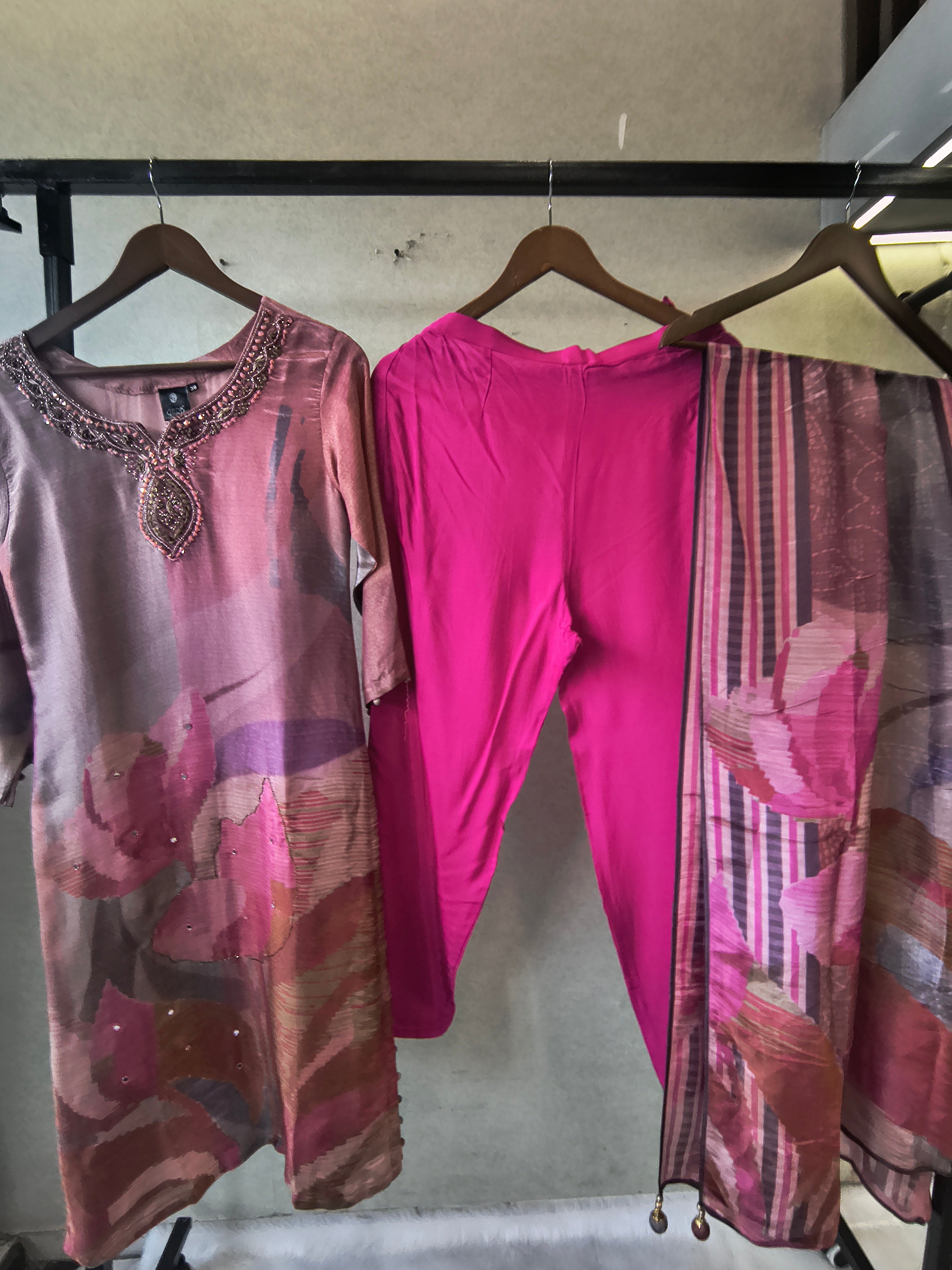 Image of Dusty Rose Abstract Printed Kurta Set with Embellished Neckline & Dupatta | Premium 3 Piece Ethnic Suit