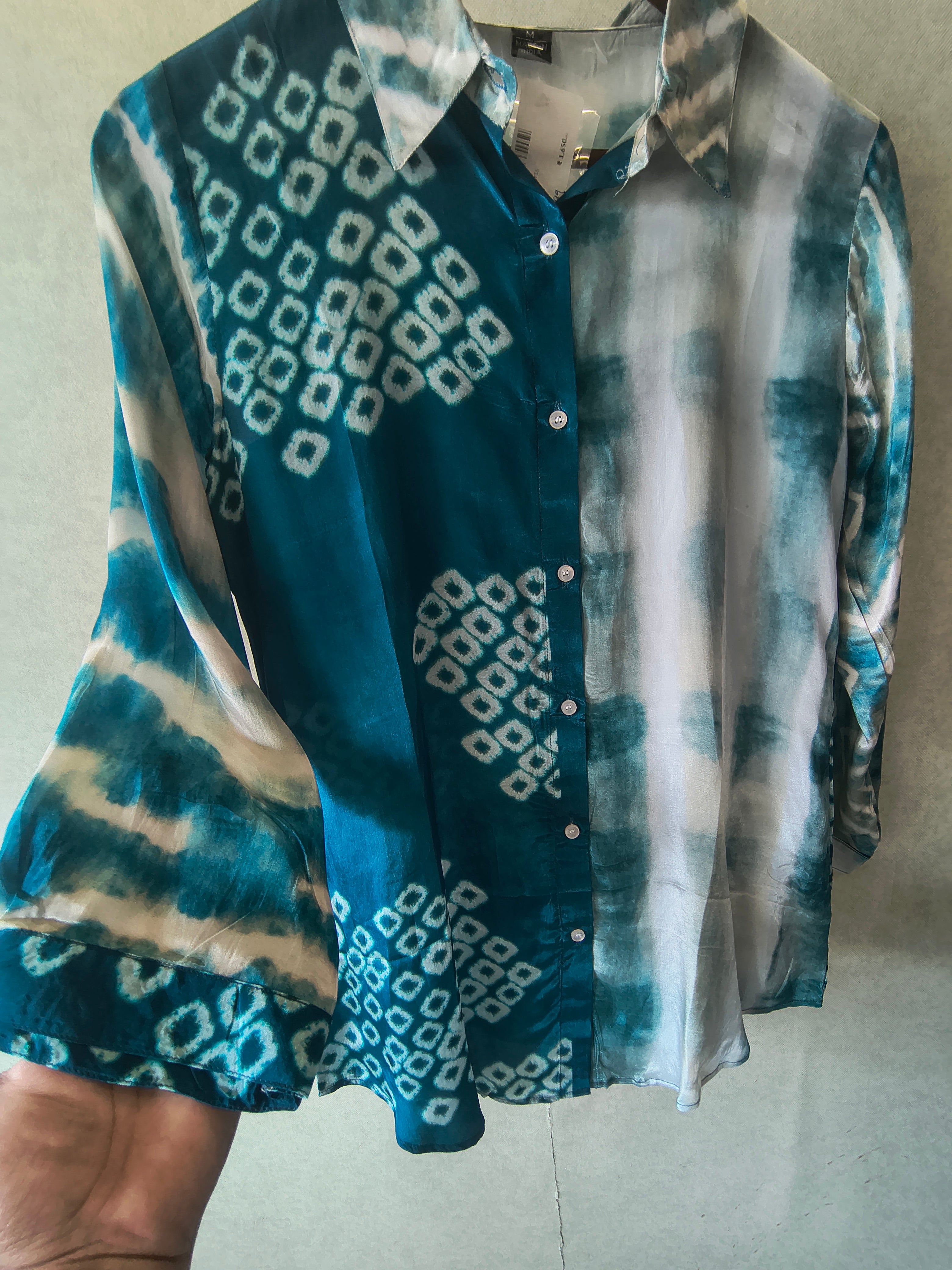 Image of Teal Shibori Print Satin Shirt Style Tunic