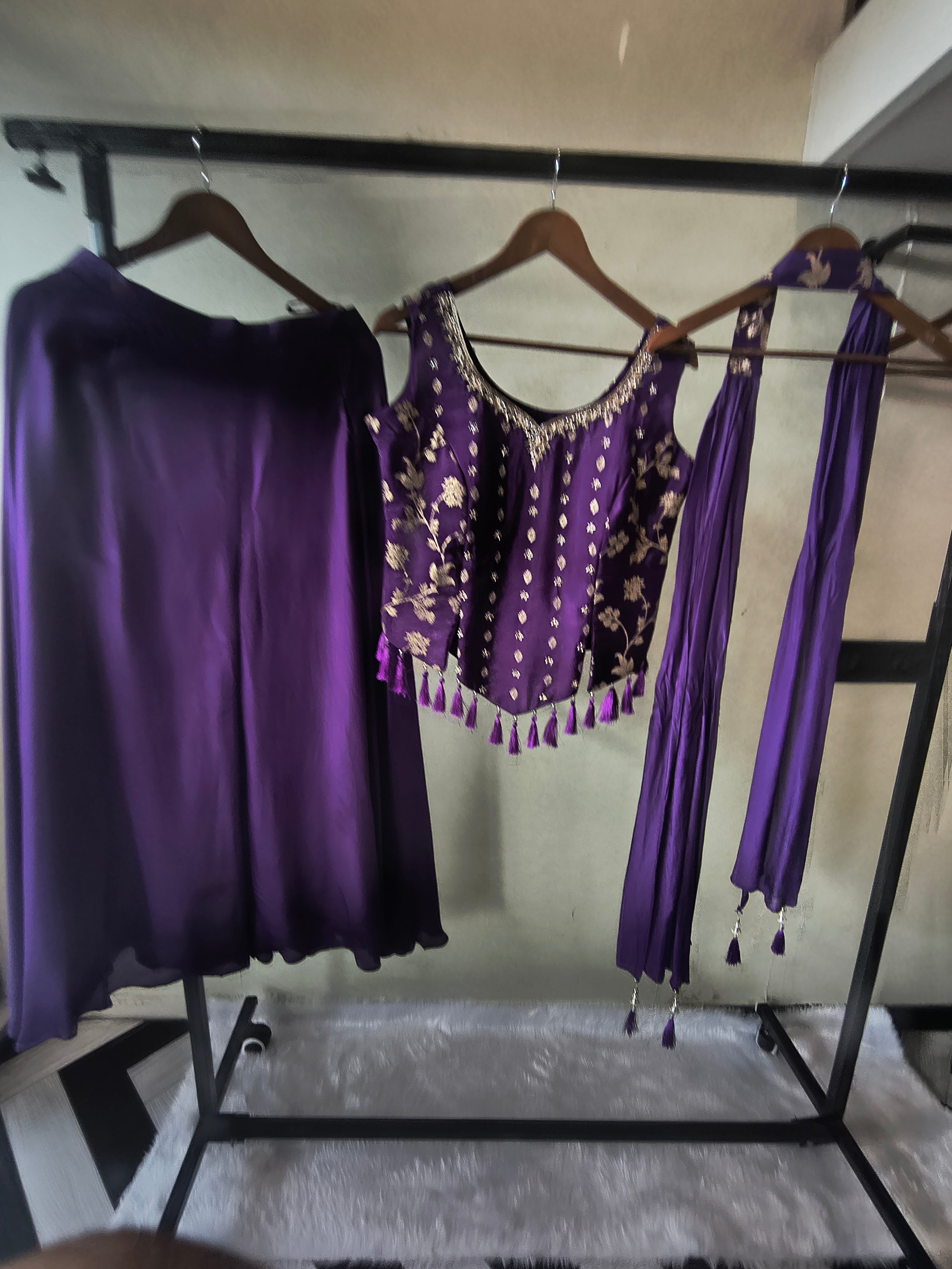 Image of Premium Royal Purple 3-Piece Designer Lehenga Set with Zari Embroidered Peplum Blouse & Dupatta