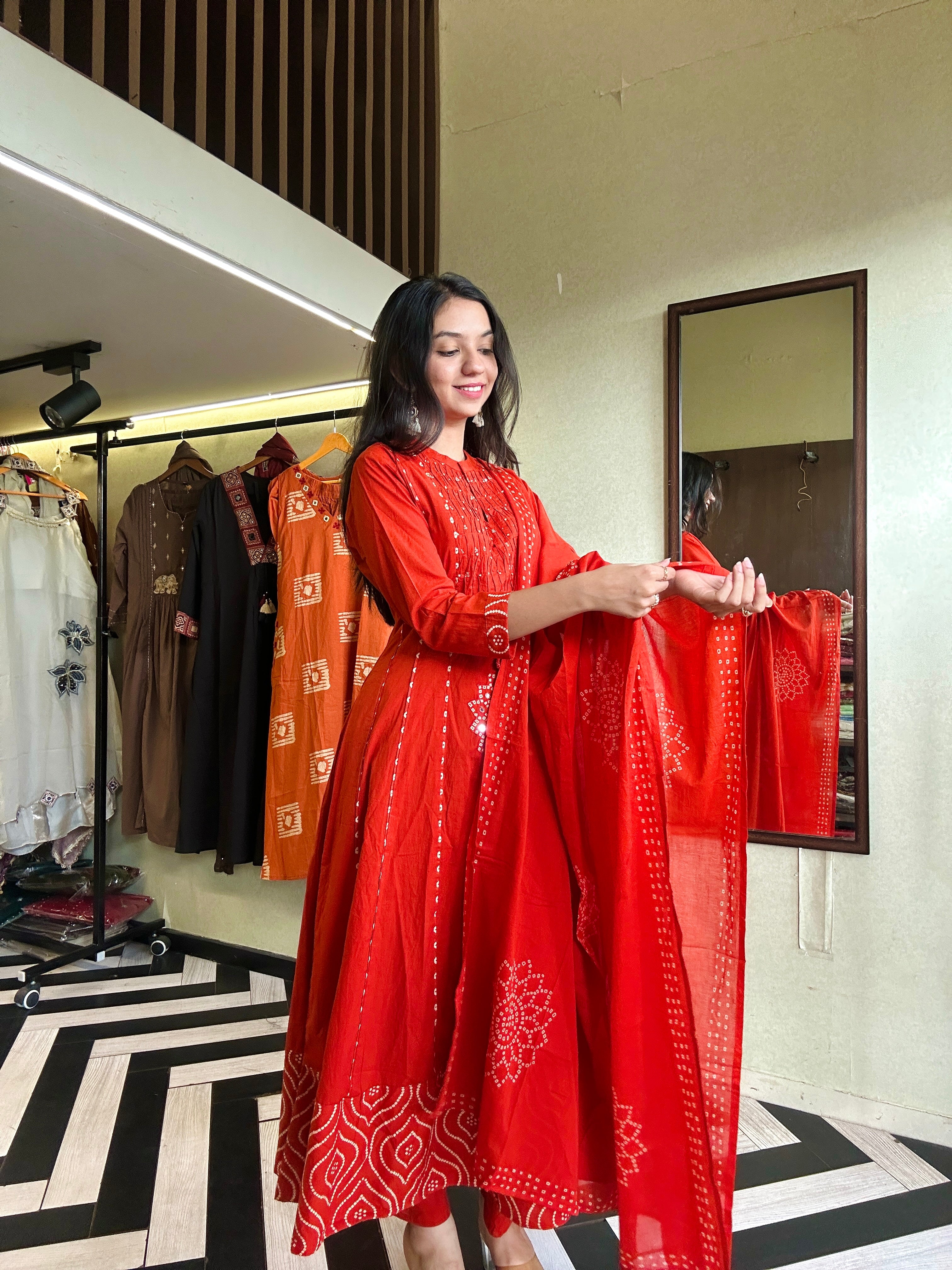 Image of Pure Mull Cotton Bandhani 3 Piece Anarkali Set