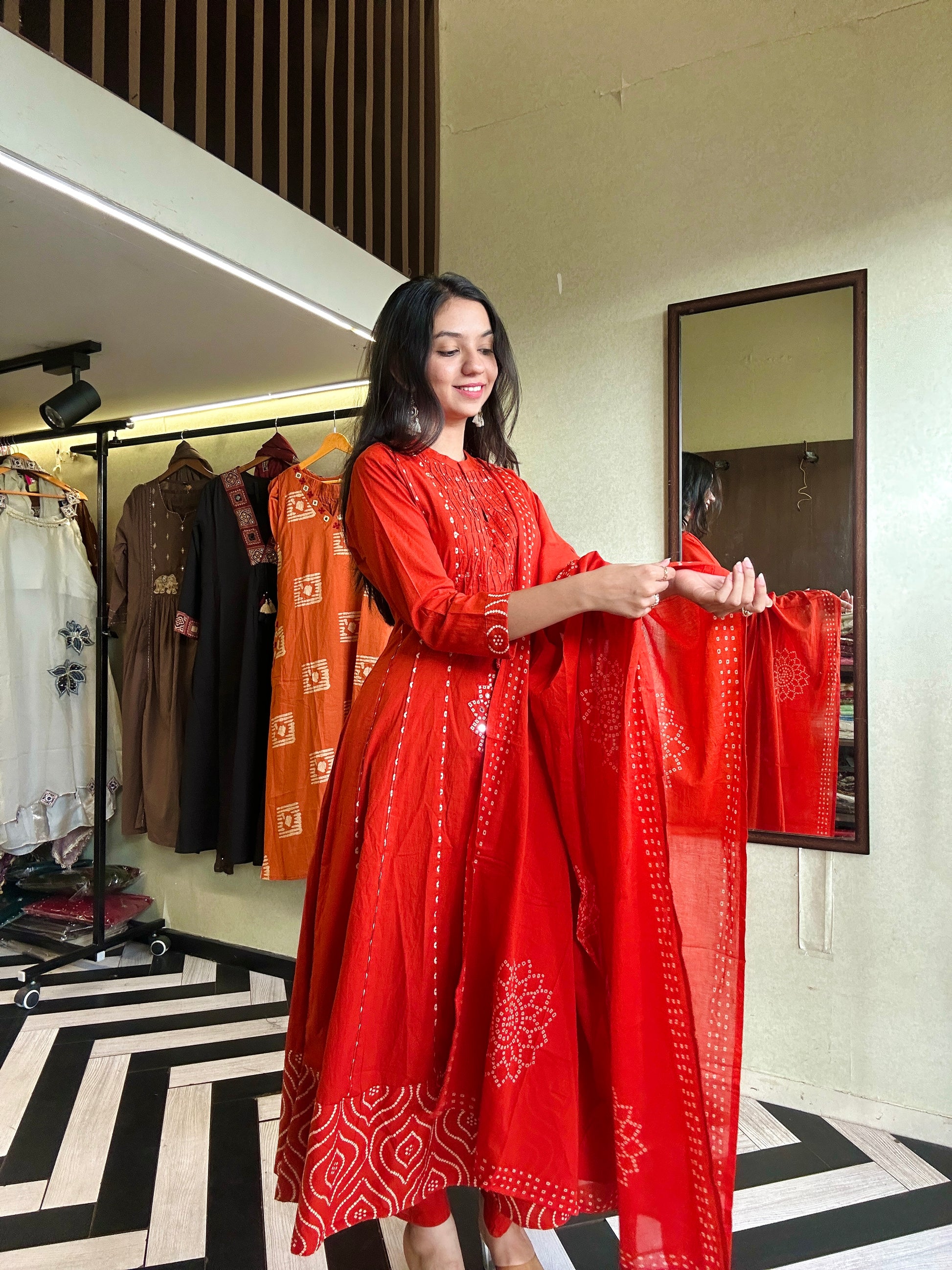 Pure Mull Cotton Bandhani 3 Piece Anarkali Set