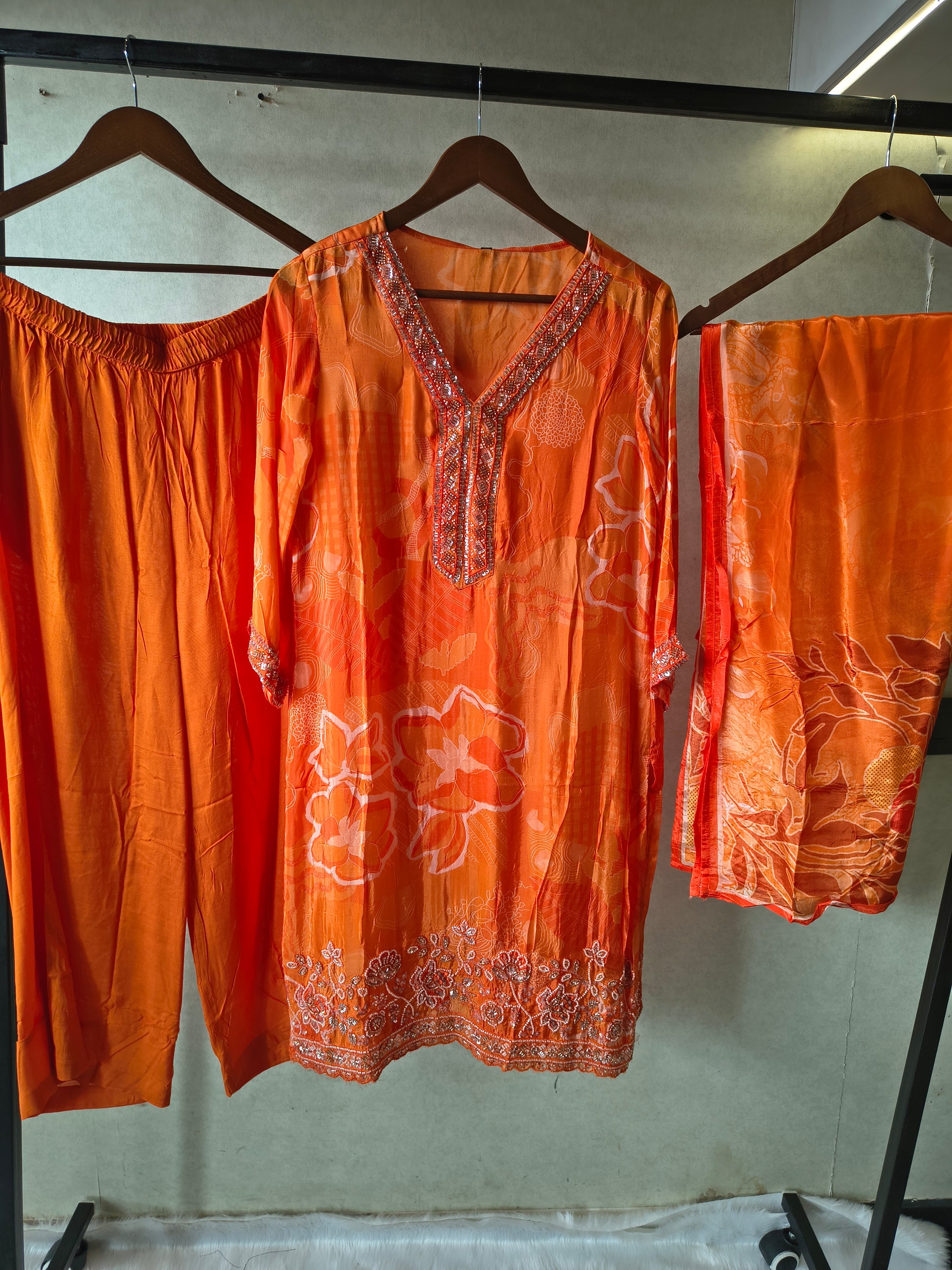 Burnt Orange Printed Silk Blend Kurta Set with Embellished Neckline & Floral Border – Premium 3 Piece Ethnic Ensemble