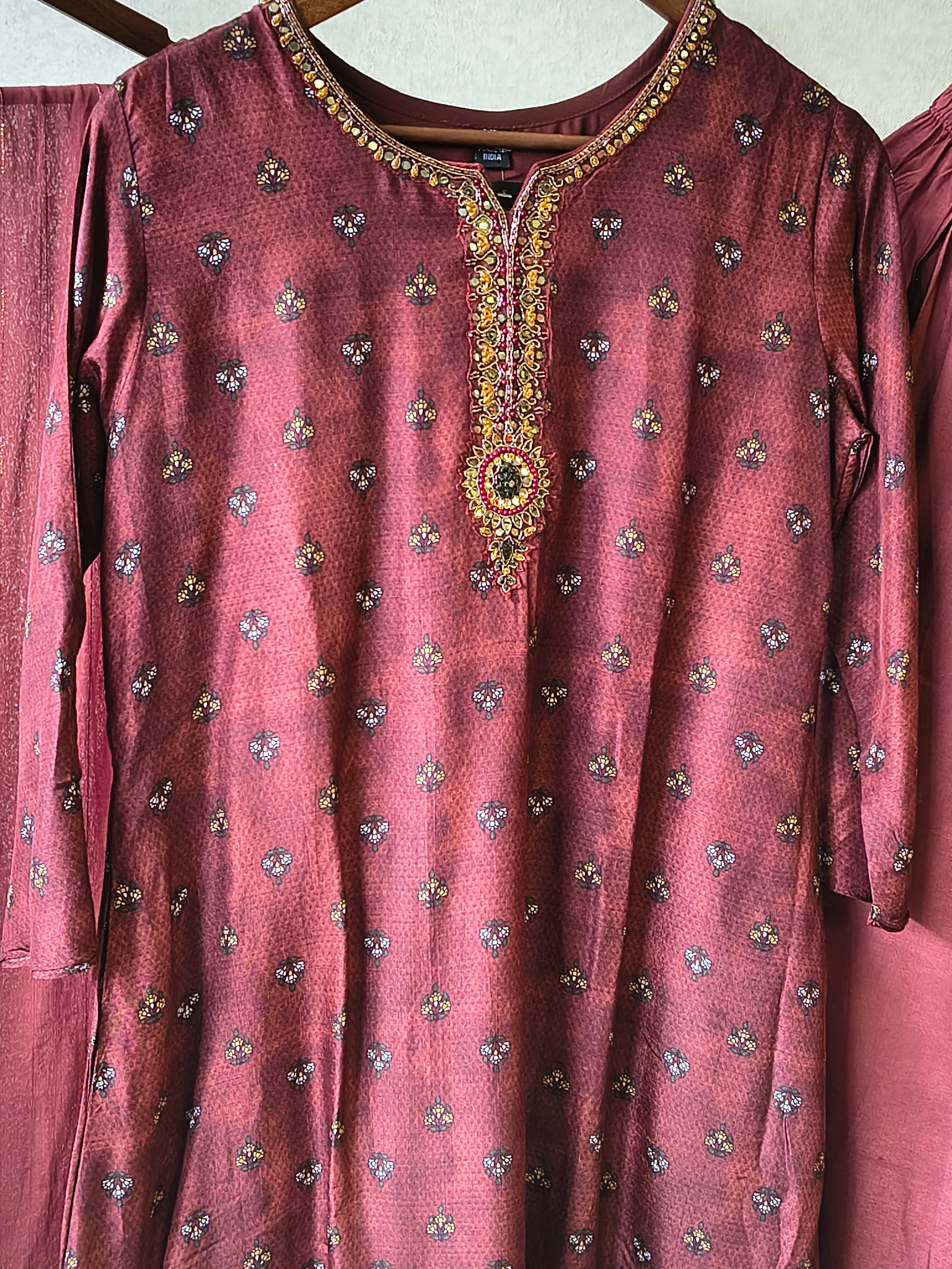 Image of Premium Wine Floral Border Kurta with Straight Pants & Shimmer Dupatta Set