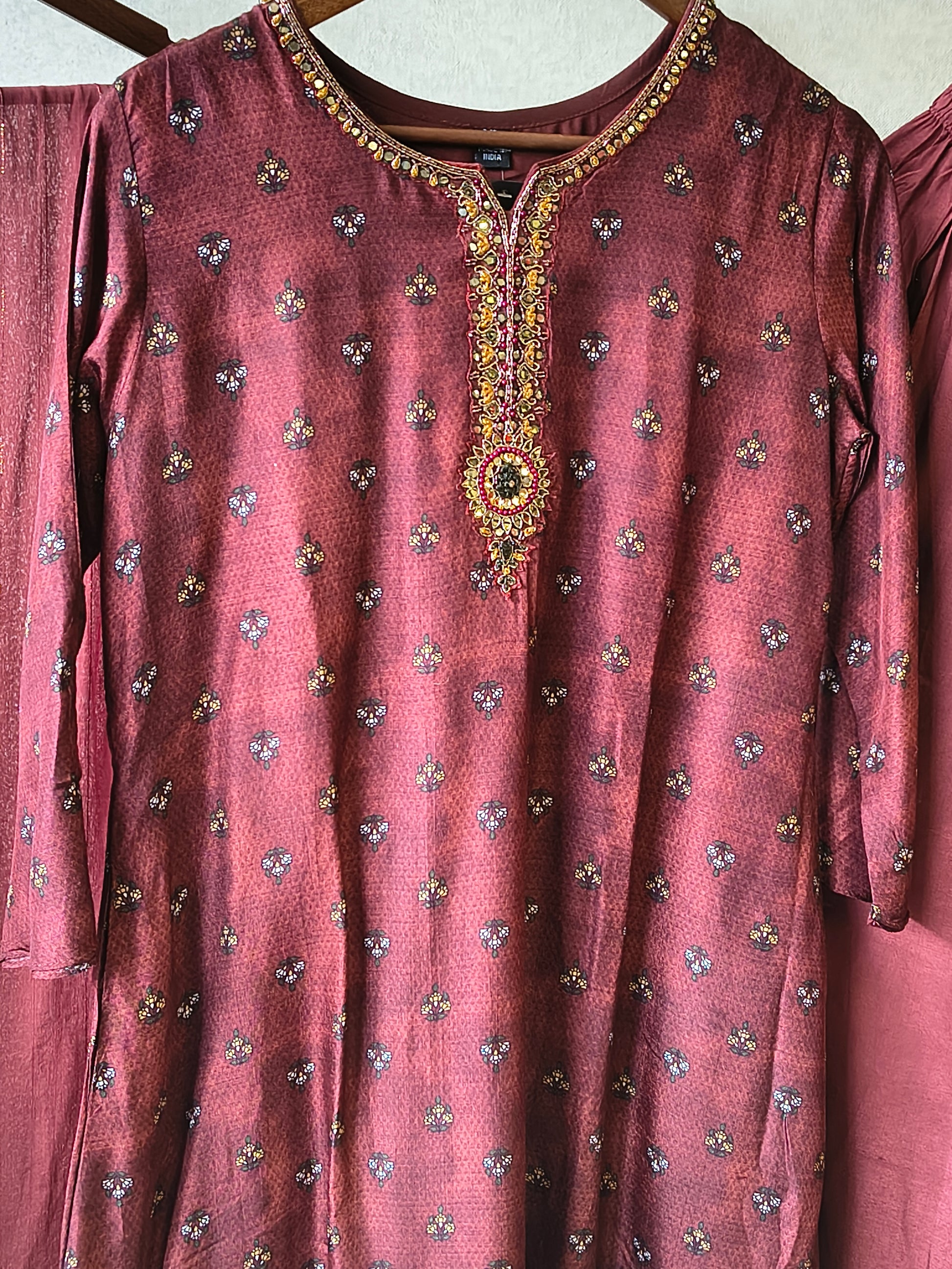 Premium Wine Floral Border Kurta with Straight Pants & Shimmer Dupatta Set