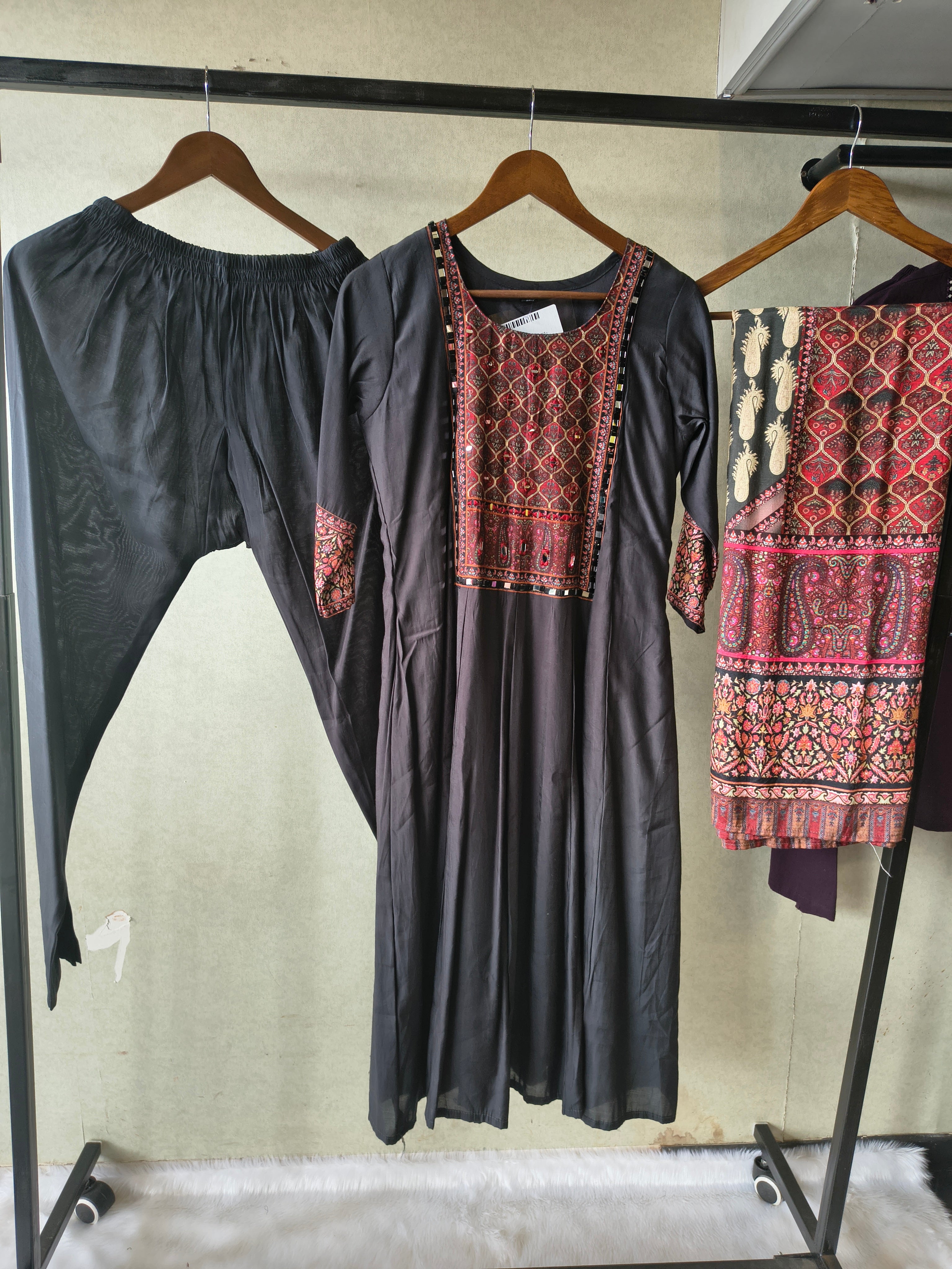Image of Premium Black Printed Anarkali Kurta Set with Ethnic Yoke, Solid Pants & Designer Dupatta