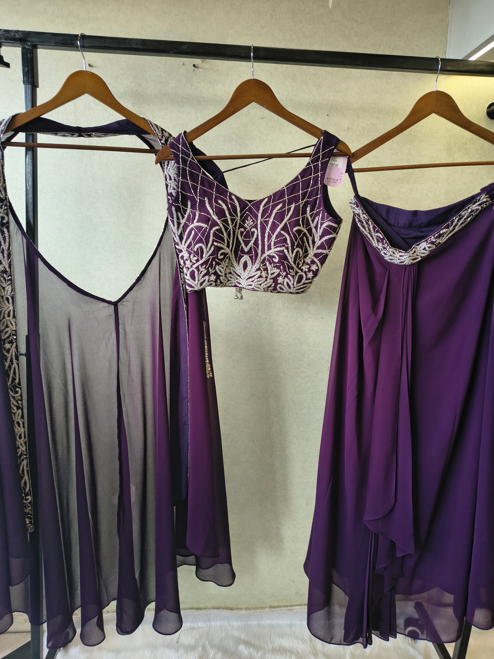 Royal Purple Embroidered Designer Blouse with Drape Palazzo & Embroidered Cape – 3 Piece Indo-Western Party Wear Set