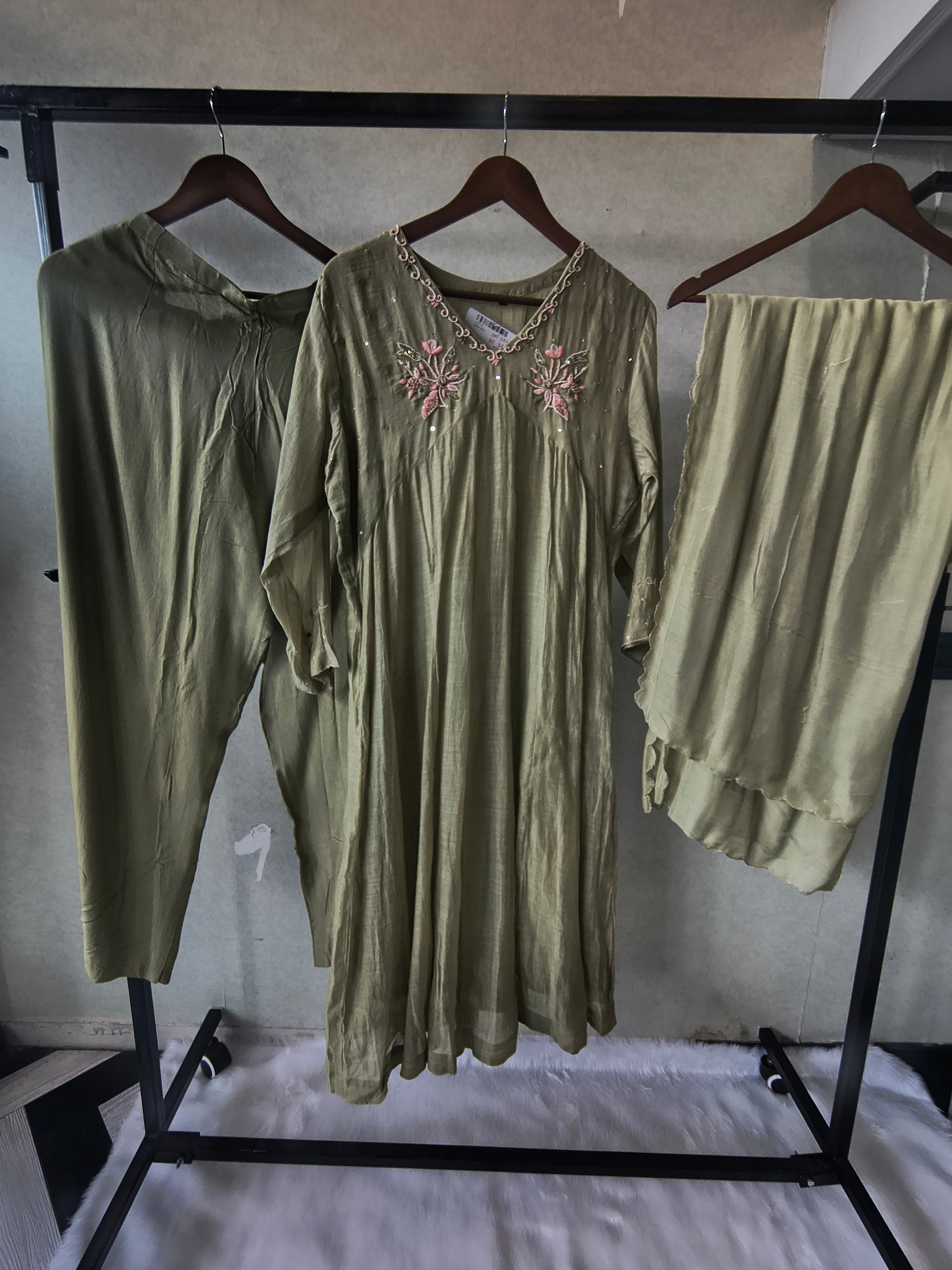 Premium Olive Green Embroidered A-Line Kurta Set with Dupatta