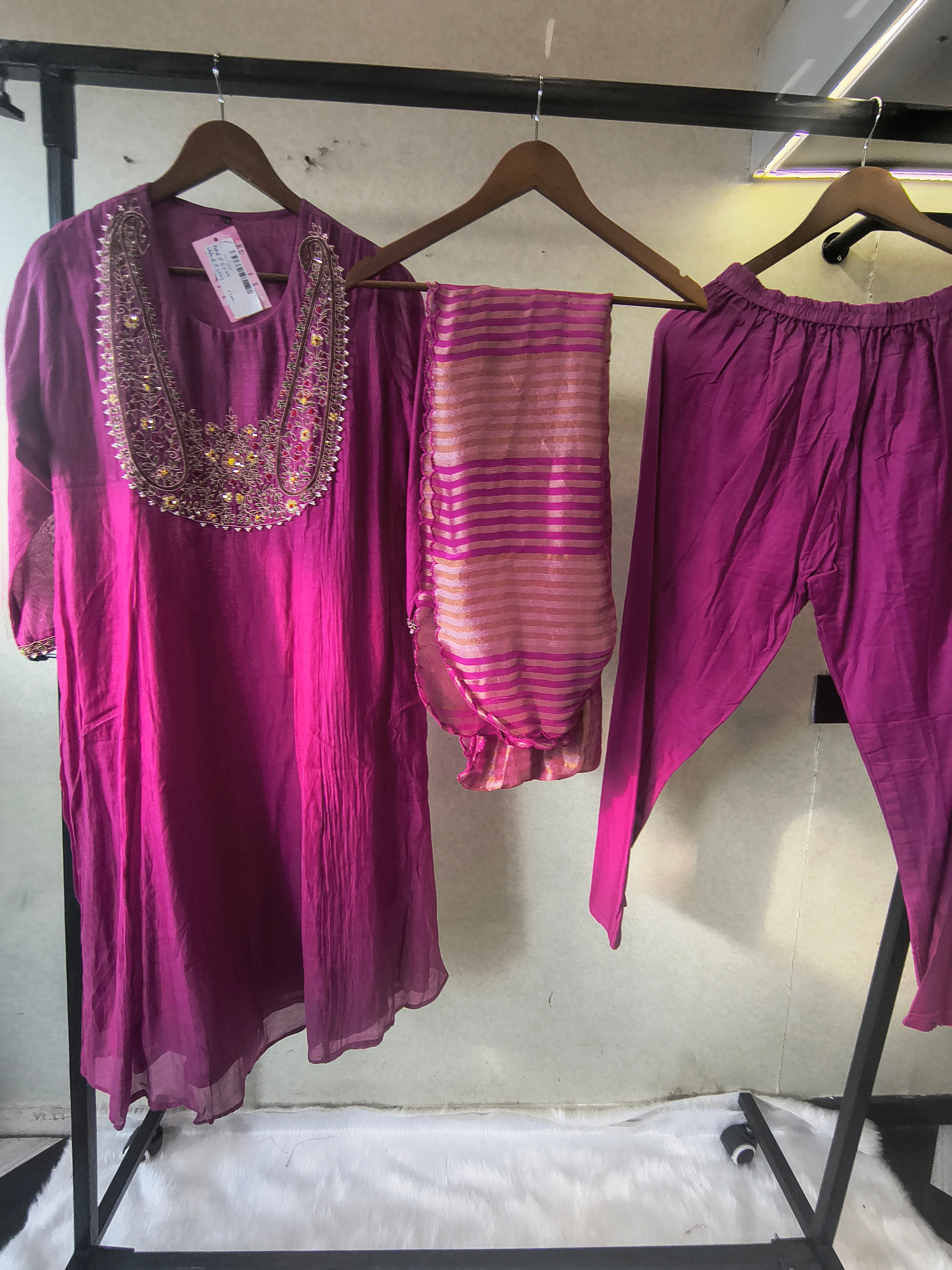 Image of Magenta Embroidered Straight Kurta Set with Heavy Handcrafted Yoke, Striped Organza Dupatta & Premium 3 Piece Ethnic Ensemble
