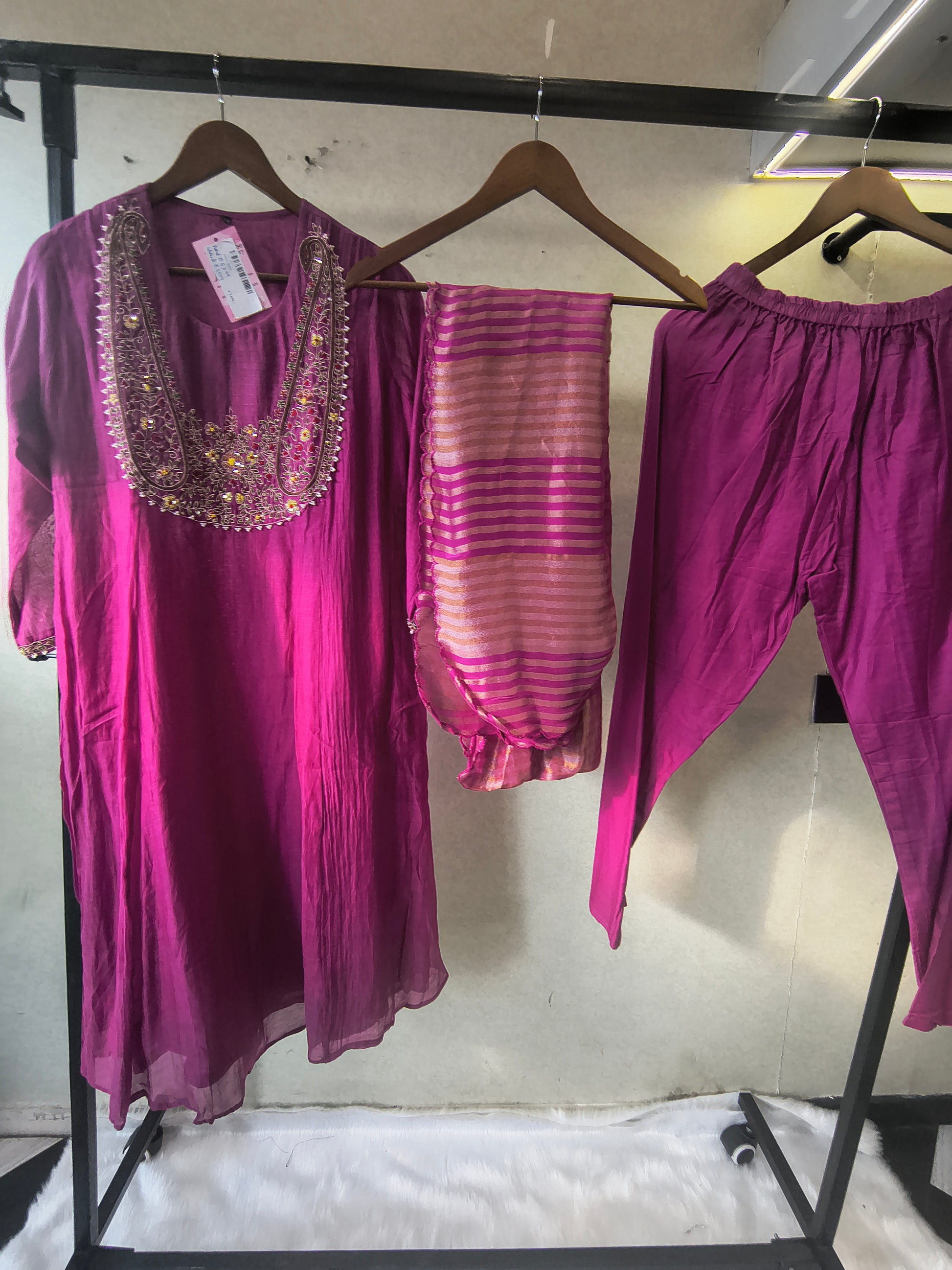 Magenta Embroidered Straight Kurta Set with Heavy Handcrafted Yoke, Striped Organza Dupatta & Premium 3 Piece Ethnic Ensemble