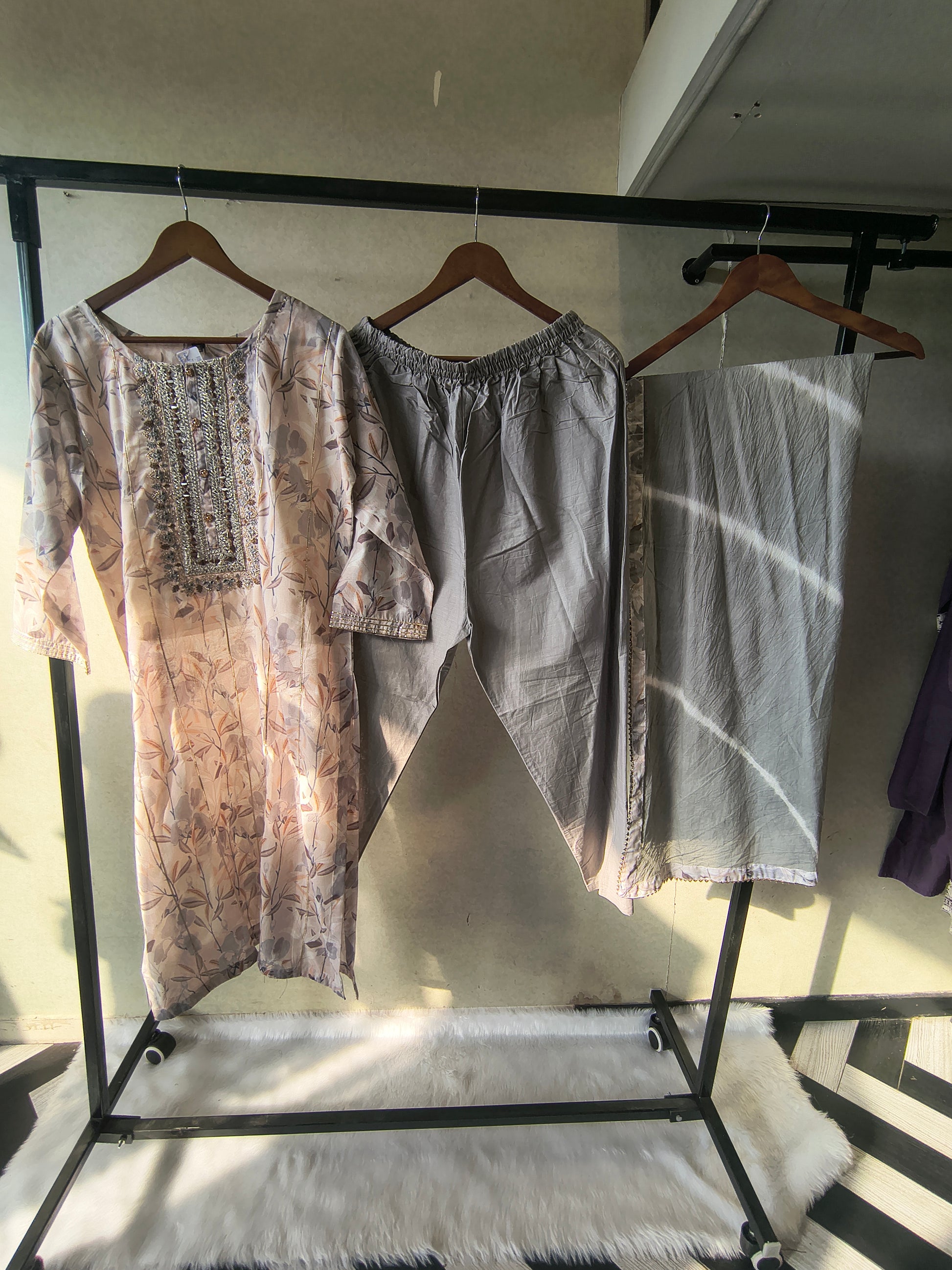 Premium Pastel Floral Printed Kurta Set with Embellished Yoke & Chiffon Dupatta