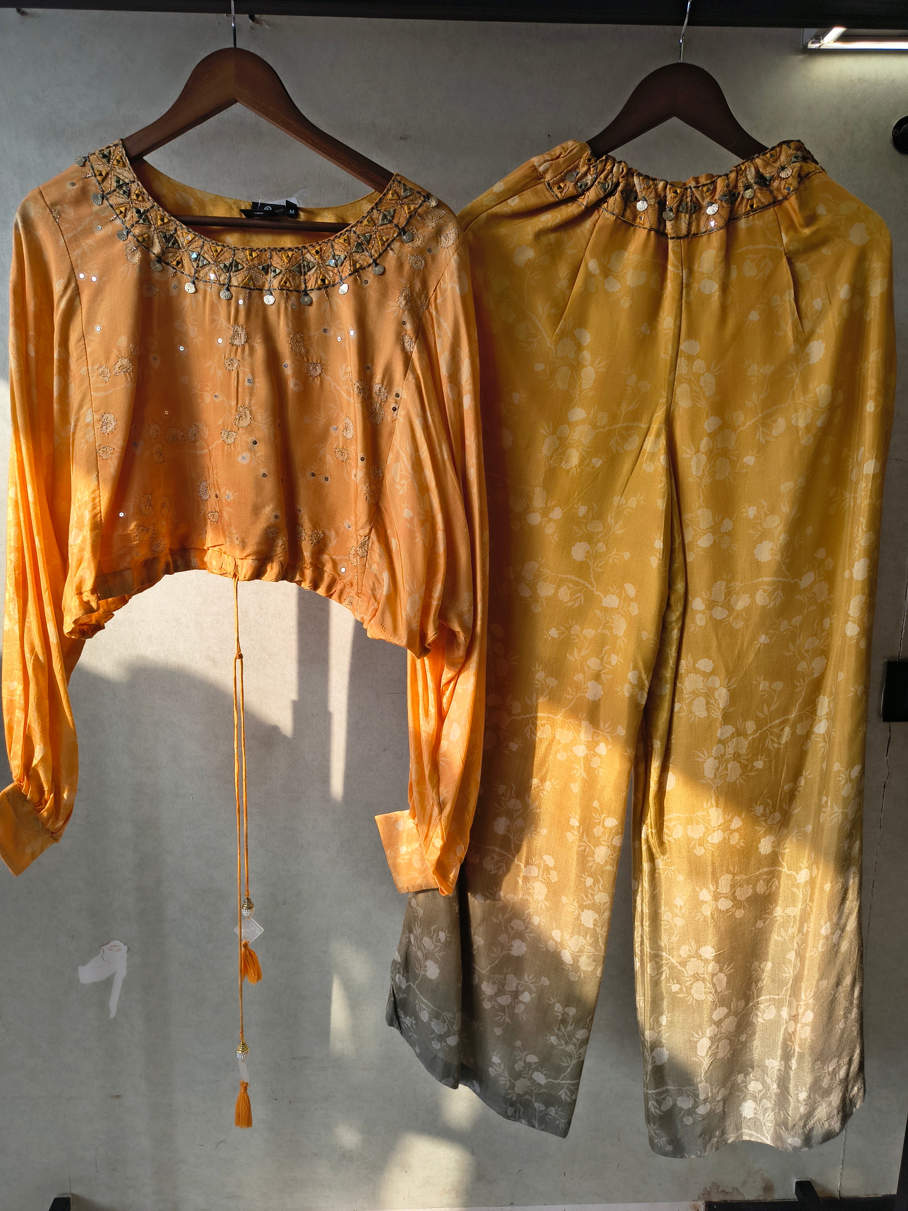 Image of Premium Sunset Ombre Embellished Crop Top & Wide-Leg Palazzo Co-Ord Set